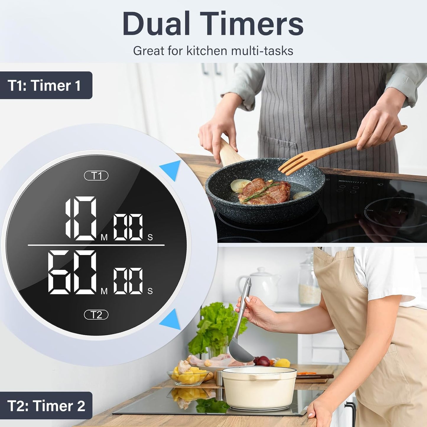 Dual Digital Kitchen Timer for Cooking, 199 Minutes Countdown & Stopwatch, Productivity Timer for Fridge, Big Digits, High-Definition Display, Rotary Adjustment, 3 Volumes, 2 Brightness Levels, White