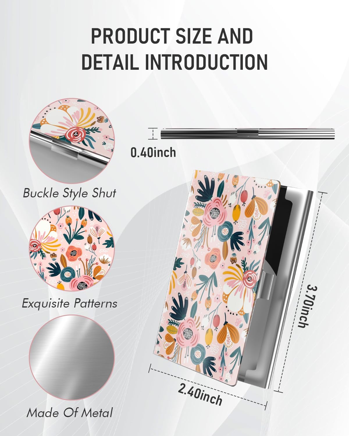 Business Card Metal Slim Organizer, Professional Stainless Steel Square Pocket Wallet for Office Workers, Compact and Portable for Pockets (Pink Flowers)