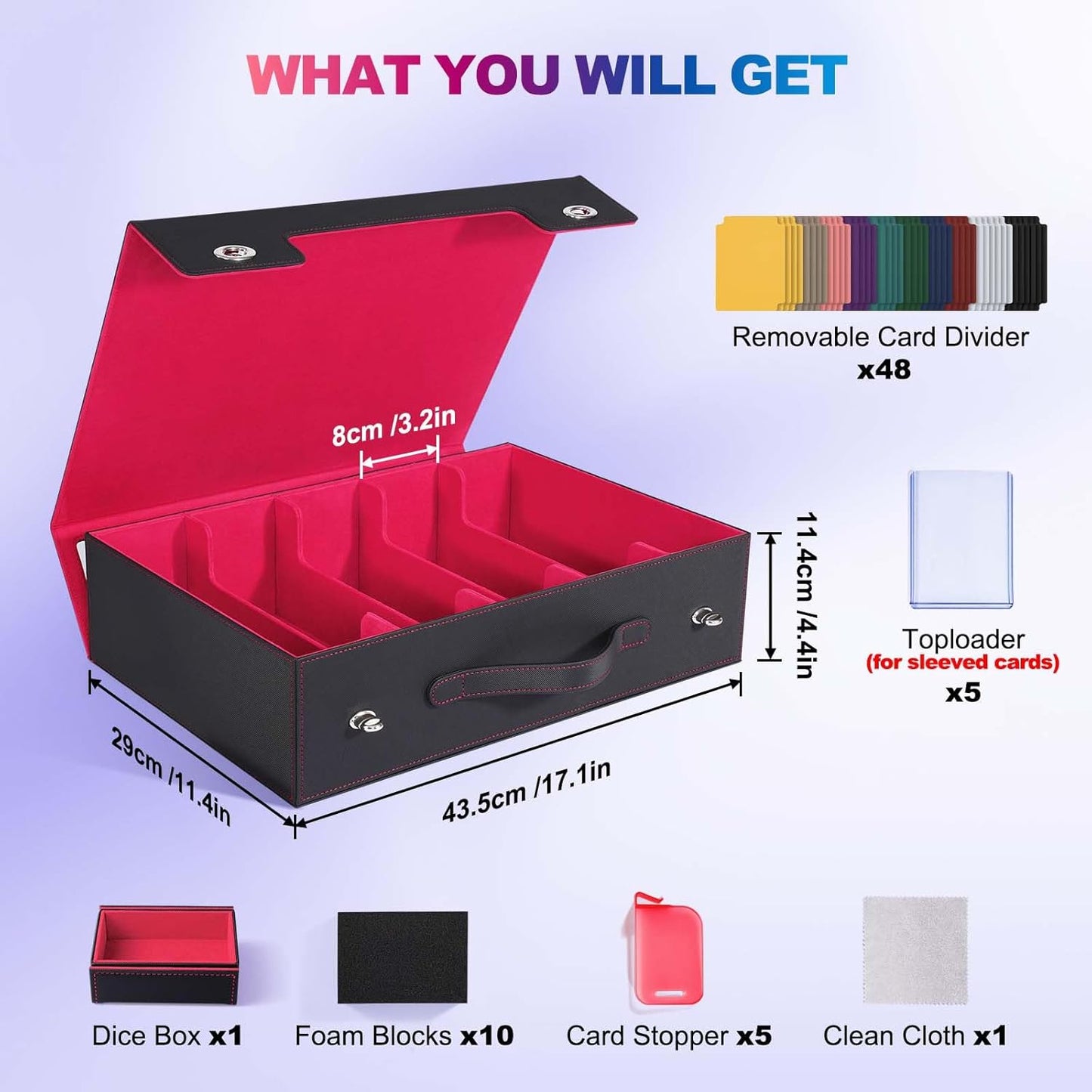 Trading Card Storage Box with Commander Display, 5 Row Magic Card Box with Handle & Aluminum Alloy Locking for 3900+ Unsleeved Cards Suits for MTG PTCG TCG Sports Cards (Black Red)