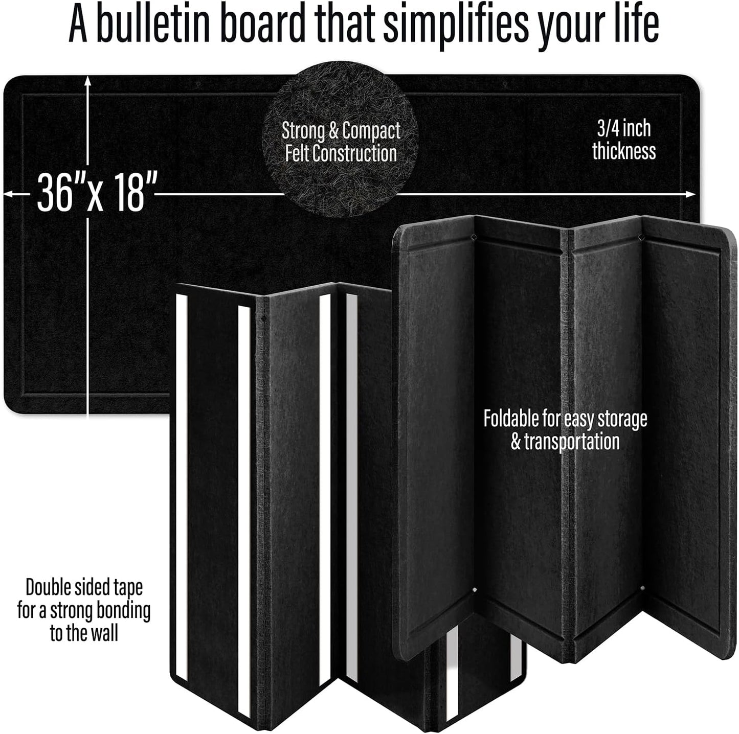 Large Bulletin Board 36 x 18 Inches - Foldable Felt Bulletin Board for Wall, Cork Board Alternative with 50 Color Pins & 6 Note Pads, Vision Board - Black