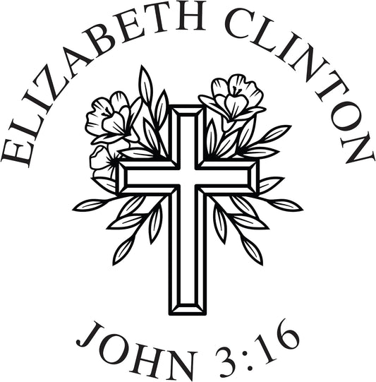 Personalized Bible Verse and Religious Cross Stamp or Book Embosser with Name in Classic Font. Wooden Stamp, Self Inking Stamp or Embosser (Cross Style #1)