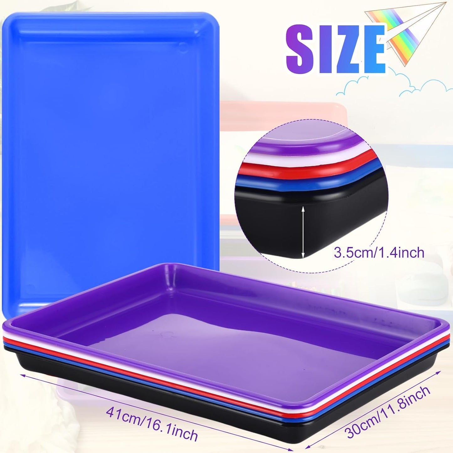 Maitys 15 Pcs Flat Plastic Trays 16.1 x 11.8'' Sensory Storage Tray Paper Stackable Classroom Bins for Office Home Organizer Arts and Crafts Supplies(Mixed Color)