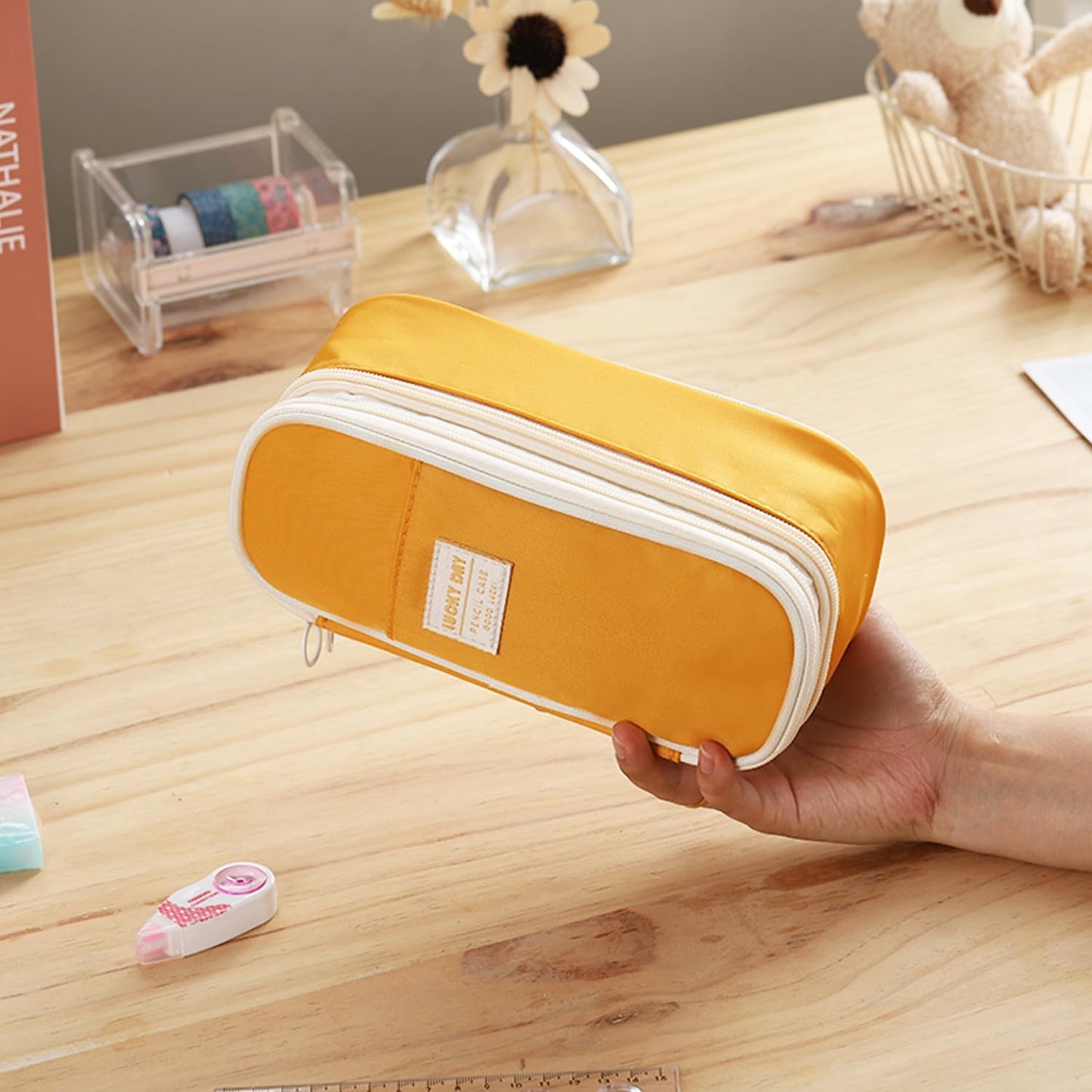 Big Pencil Case Large Capacity Pencil Bag with Zipper Pencil Pouch for Girls Boys Kids Adults Stationery Pencil Pen Case Organizer for School Office Yellow