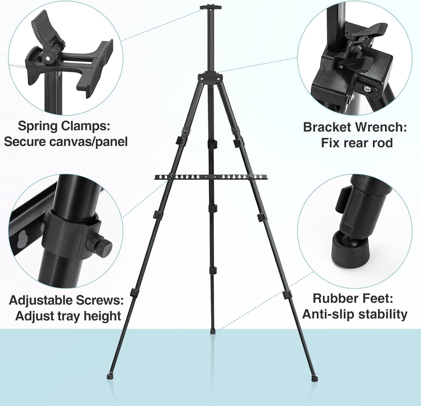 2PCS Art Painting Easel Stand, Adjustable Metal Large Easel for Painting, Canvas Heights from 17 to 66 Inch, Standing Easel for Painting, Wedding Sign, Tabletop or Floor, Black