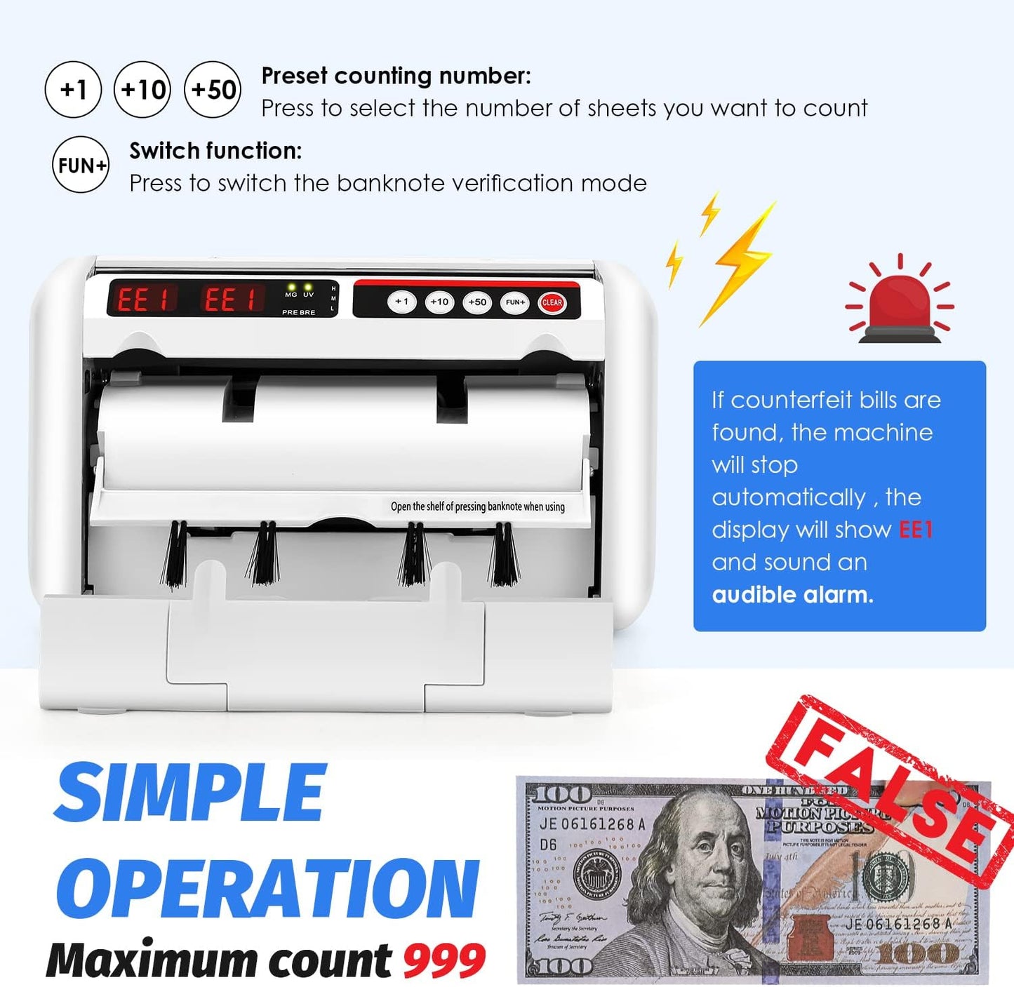 Battery Operated Bill Counter Machine, Portable Rechargeable Money Counter with UV MG Detection, 800pcs/min Counting Speed, Take Anywhere with A Backpack for Multi-Currency Or Tickets