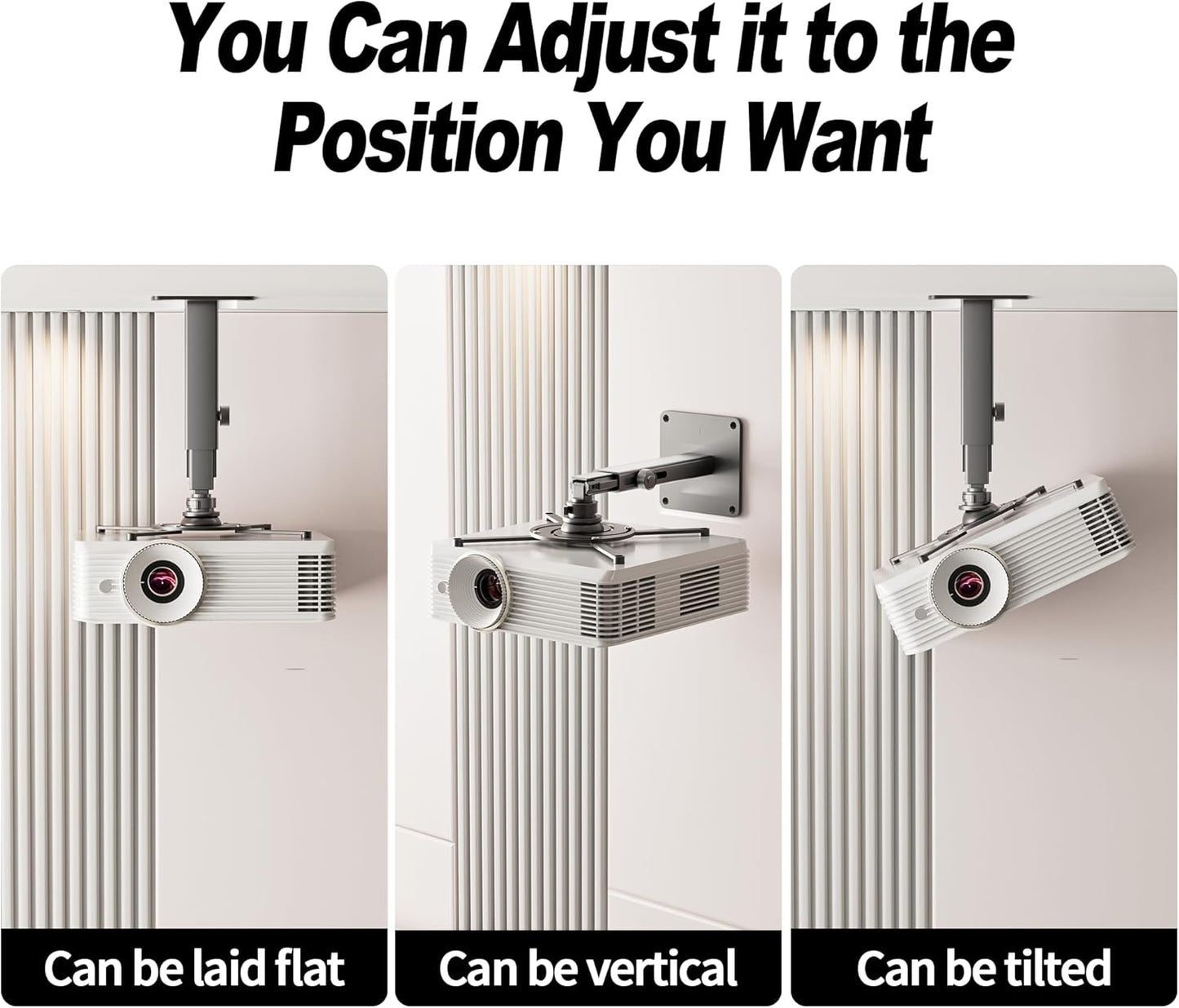 Projector Mount Wall with Multi-Hole Design, Adjustable Universal Projector Ceiling Mount for Home Theater, Office, Classroom, Heavy Duty Aluminum Projector Stand, Load 55 lbs - Black