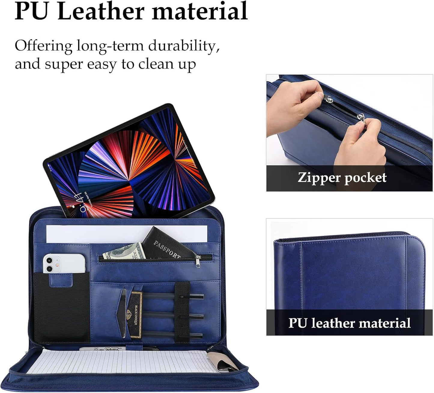 ProCase Portfolio Business Padfolio Folder with Zipper, Conference Meeting Executive File Legal Document Organizer with Pockets Letter Size A4 Writing Pad Notepad Padfolio -Navy