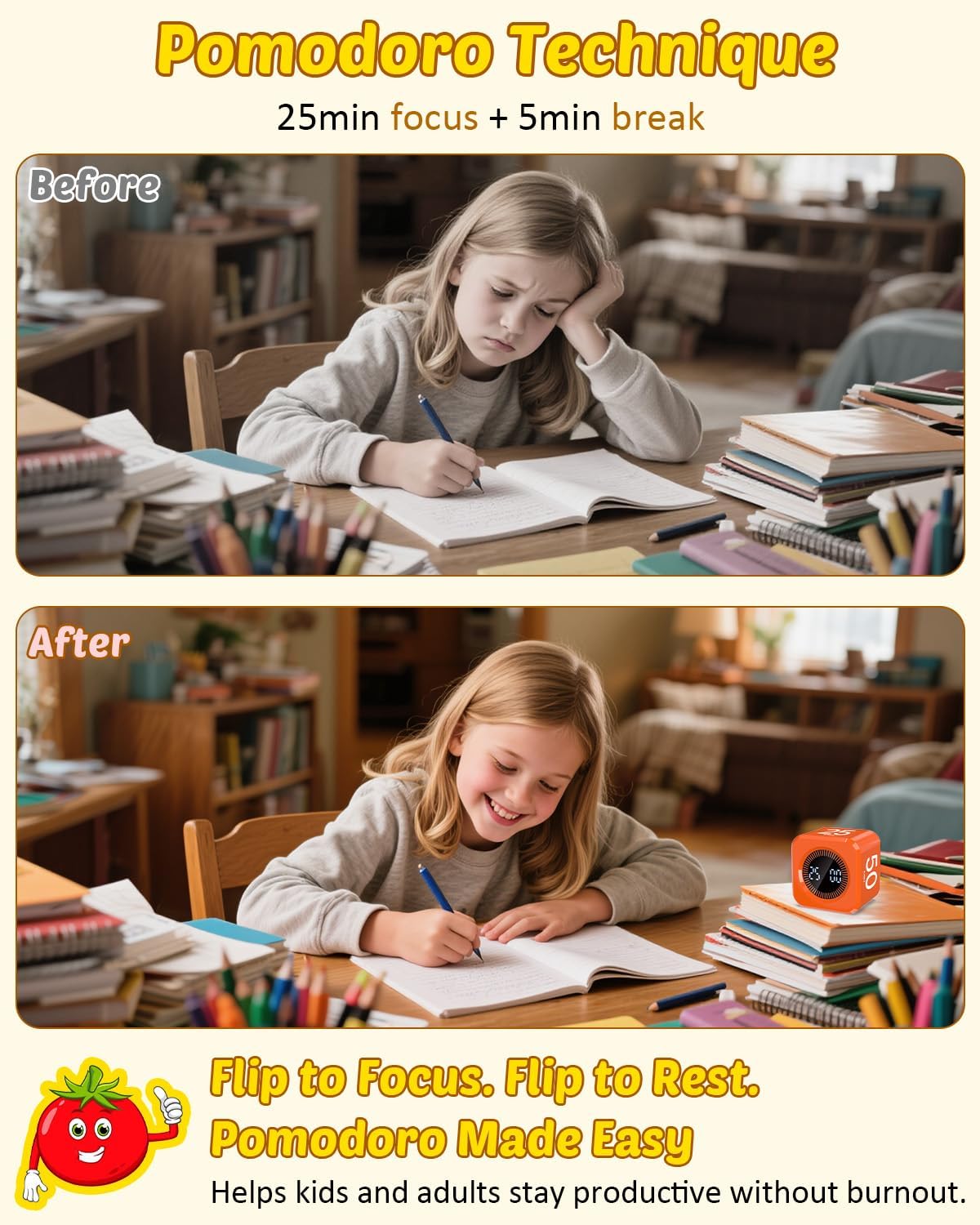 Pomodoro Timer Cube Visual Productivity Flip Timer for Kids Classroom Desk, 5/10/25/50min& Custom Countdown, Silent&Sound Mode Digital Cube for ADHD Study Work School Game Kitchen (Orange)