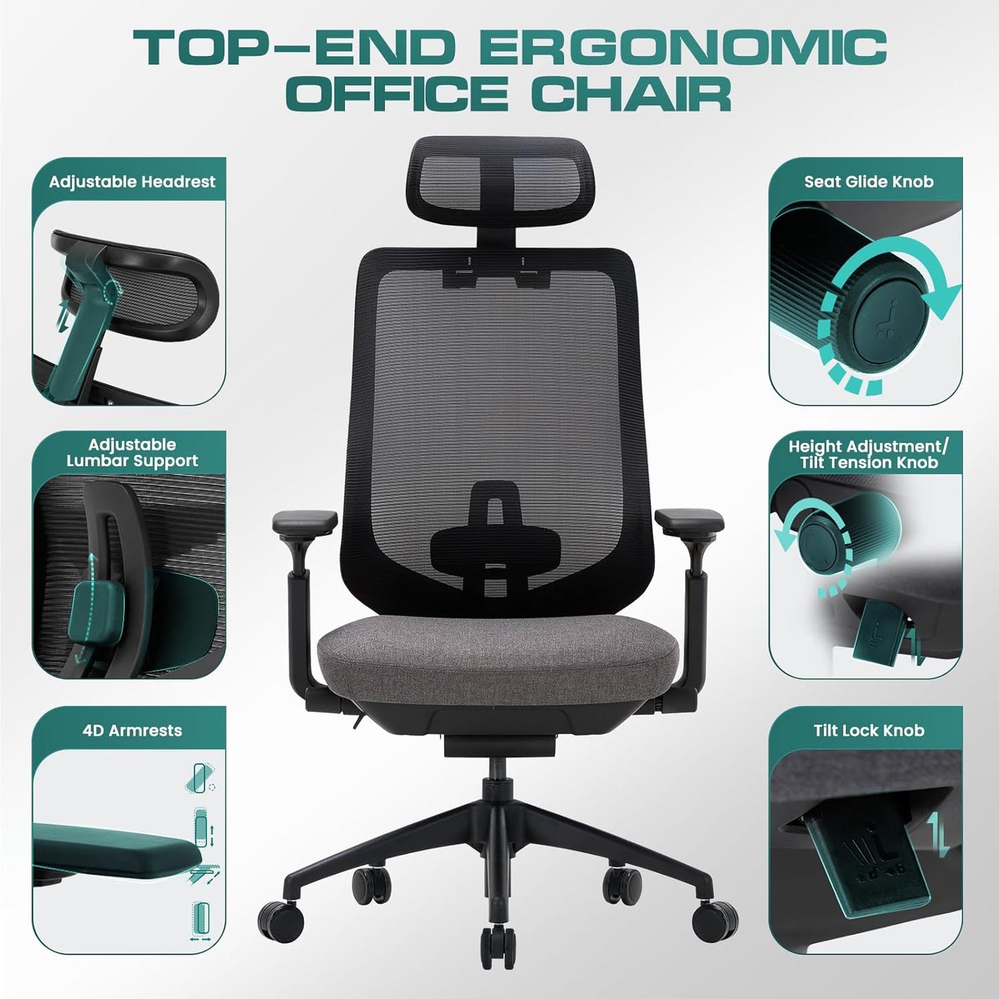 COLAMY Ergonomic Office Chair, High Back Office Executive Desk Chair, Mesh Office Chair Lumbar Support with Adjustable Headrest and 4D Arms, Slide Seat, Tilt Lock-Darkgrey