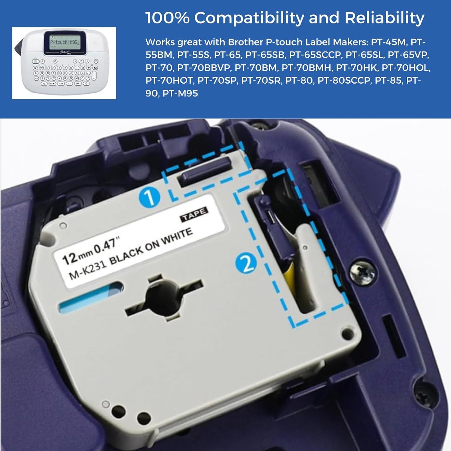 8-Pack MK231 M-K231 Label Tape Replace for Brother P Touch M Tape M-K231S M231 MK231 M-231 12mm 0.47 Inch for Brother PTouch PT-M95 PT-65 PT-80 PT-70 PT-45 PT-90 Label Makers