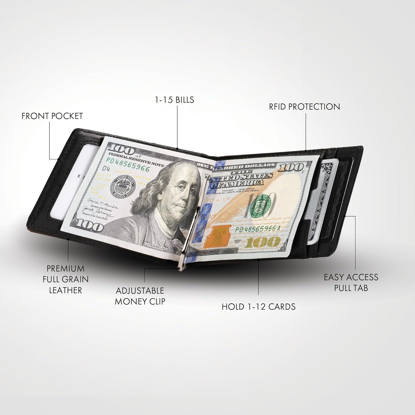 Kings Loot Money Clip Slim Minimalist Wallet for Men – RFID Blocking Leather Design with Money Clip – Front Pocket Bifold Holds 12 Cards – Stylish & Compact Wallets (Black)