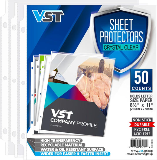VST Sheet Protectors 8.5 x 11 Inches Crystal Clear Page Protectors for 3 Ring Binder, Medium Weight Plastic Sleeves, Top Loading Paper Protector Acid Free, Letter Size, Dry Erase Pocket, 50 Sheets