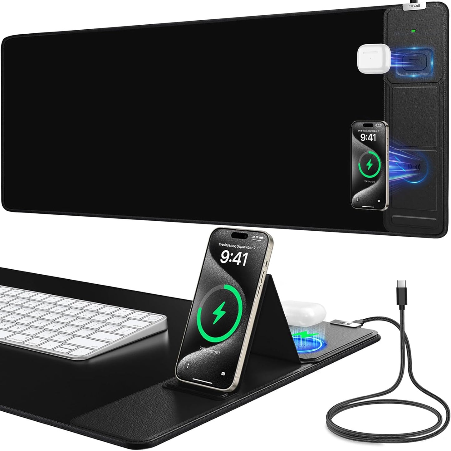 Mouse Pad, Office Desk Mat, Large Gaming Mousepad with Superior Micro-Weave Cloth, XXL Desk Pad with Stitched Edges, Non-Slip Writing Pad for Gamer, Laptop, Work & Home (Black (Charging On The Right))