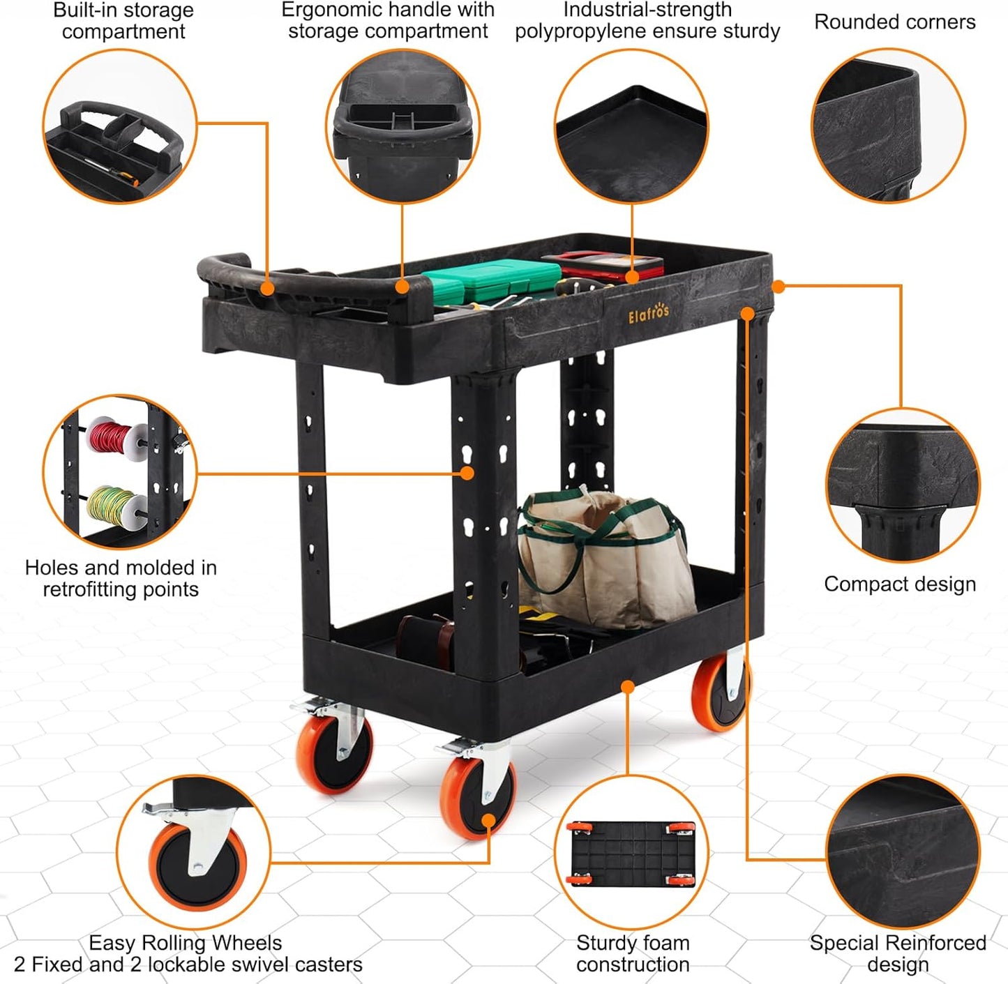 ELAFROS Heavy Duty Plastic Utility Cart 41.3 x 17 Inch - Ergonomic Handle Work Cart Storage W/Deep Shelves and 2 Fixed 2 Swivel Wheels Safely Holds up to 550 lbs - 2 Tier Service Cart with 6" Wheels