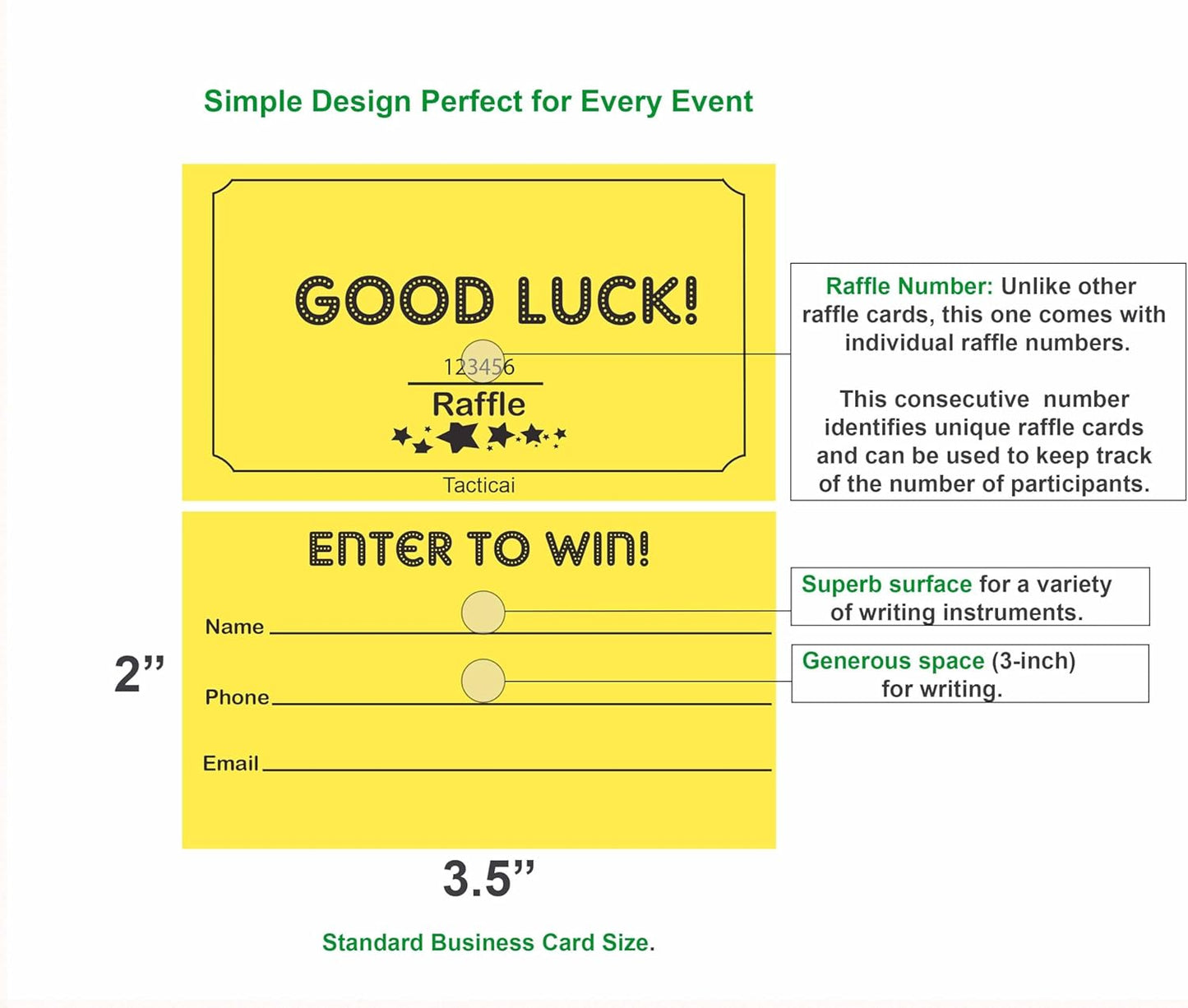 Tacticai 250 Raffle Tickets, Yellow (1 of 8 Colors), Raffle Cards, Entry Form with Name, Phone & Email for Events, Fundraiser & Prizes
