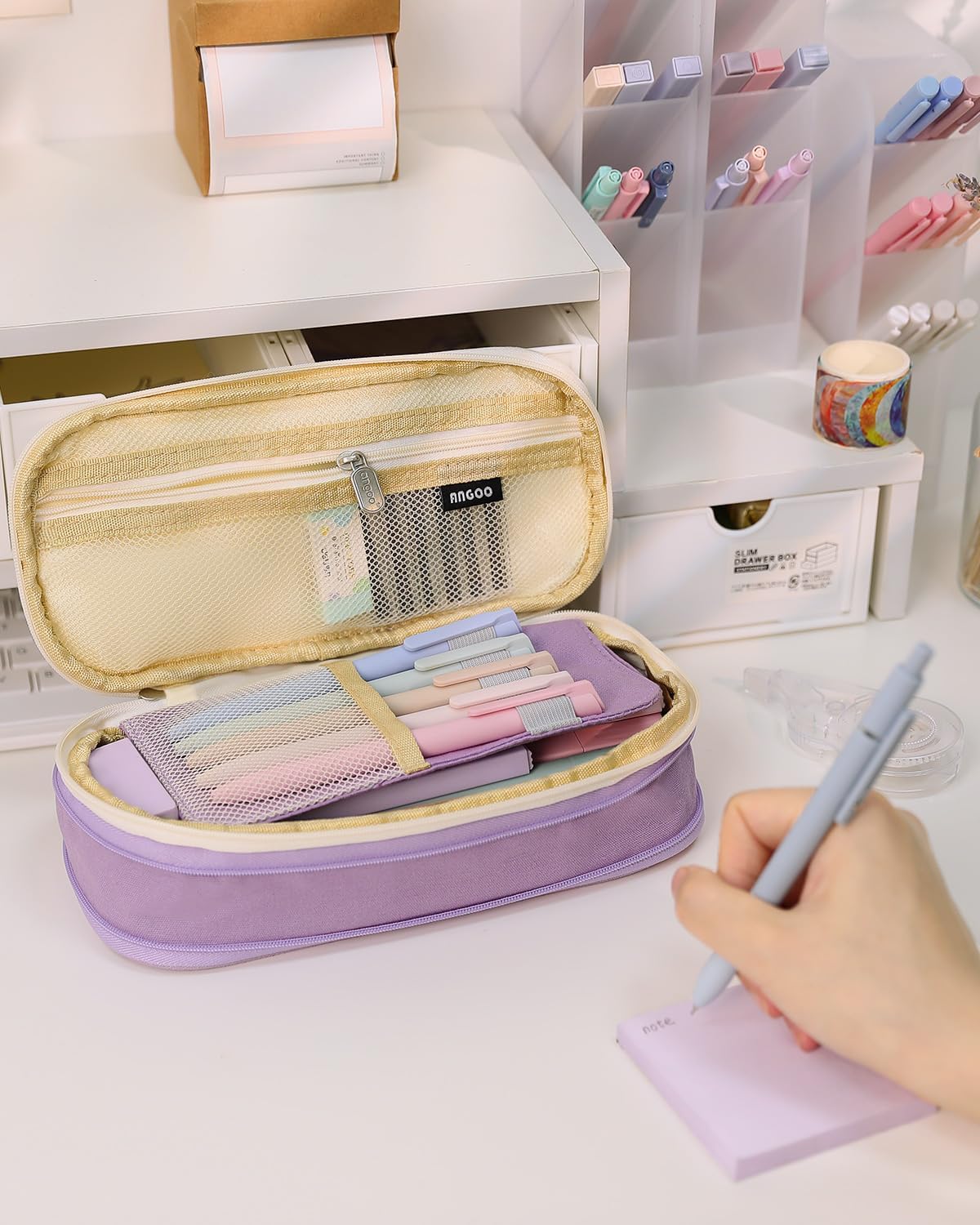 SKYDUE Cute School Supplies 44 PCS, Aesthetic Pencil Case with 12 Pastel Highlighters, 5 Black Gel Pens, 6 Color Gel Pens & Mechanical Pencils, College Essentials Students Stationary Set Purple