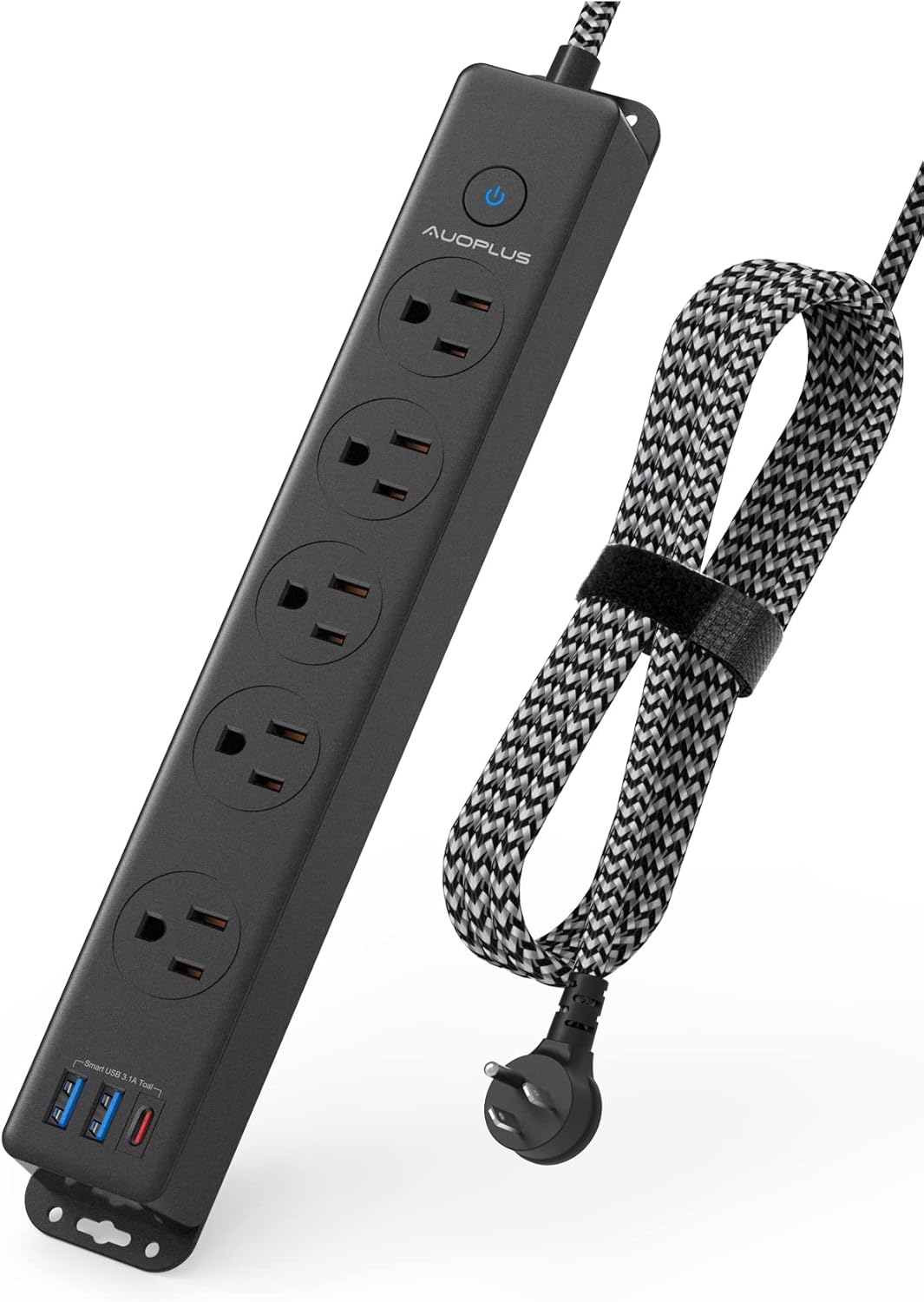 Surge Protector Power Strip with USB C Ports, 10FT Braided Extension Cord, 5 Outlets and 3 USB Ports(1 USB C), AUOPLUS Mountable Power Strips Flat Plug with Overload Protection