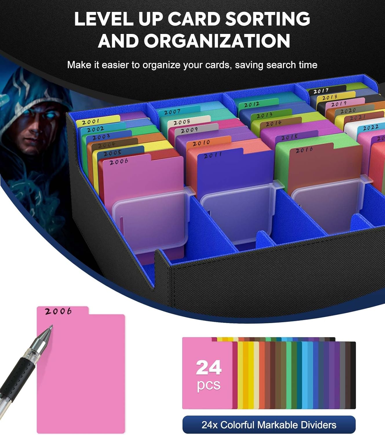 MoKo Trading Card Storage Box, 3000+ MTG Deck Box with 24 Colorful Dividers & 4 Card Supporters, Commander Card Deck Case Fits for Magic Game Cards, YugiOh, TCG, PTG and Sport Cards, Black Blue