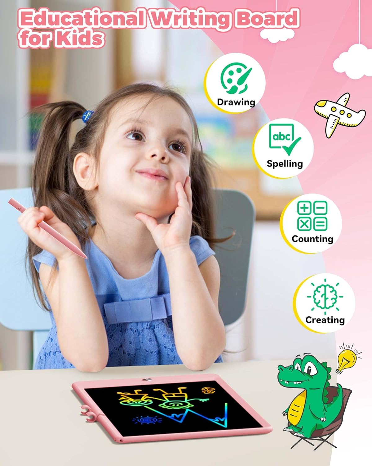 KOKODI 10 Inch LCD Writing Tablet with Anti-Lost Stylus, Erasable Doodle Board Colorful Toddler Drawing Pad, Car Travel School Games Toys for 3 4 5 6 7 8 Kids, Birthday Gift for Girls Boys Pink