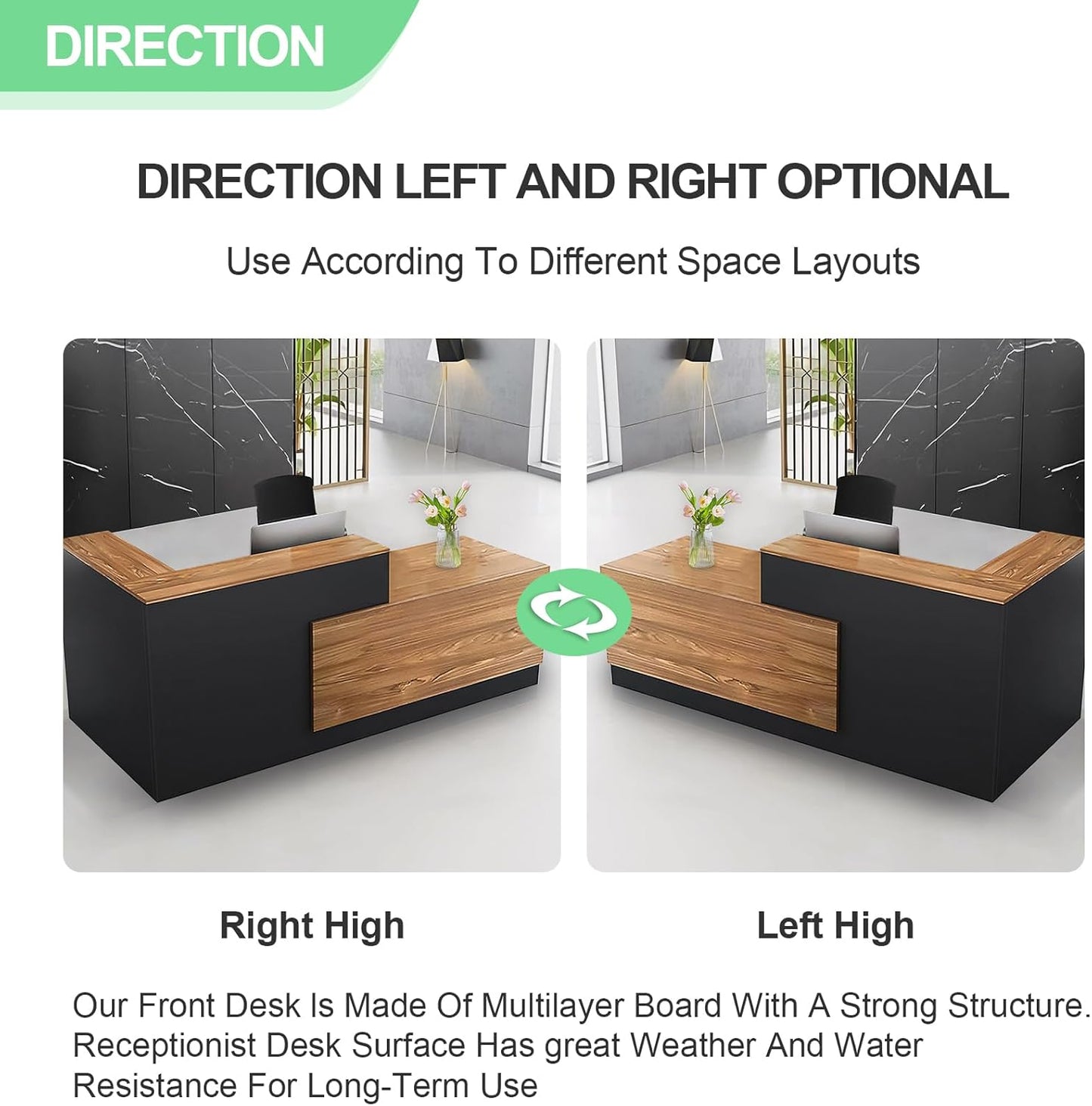 Modern Reception Desk with Counter and Drawer Office Front Desk with Cabinet Wooden Commercial Reception Table Checkout Counter for Retail Salon Lobby Black and Wood Left 63inch/160cm
