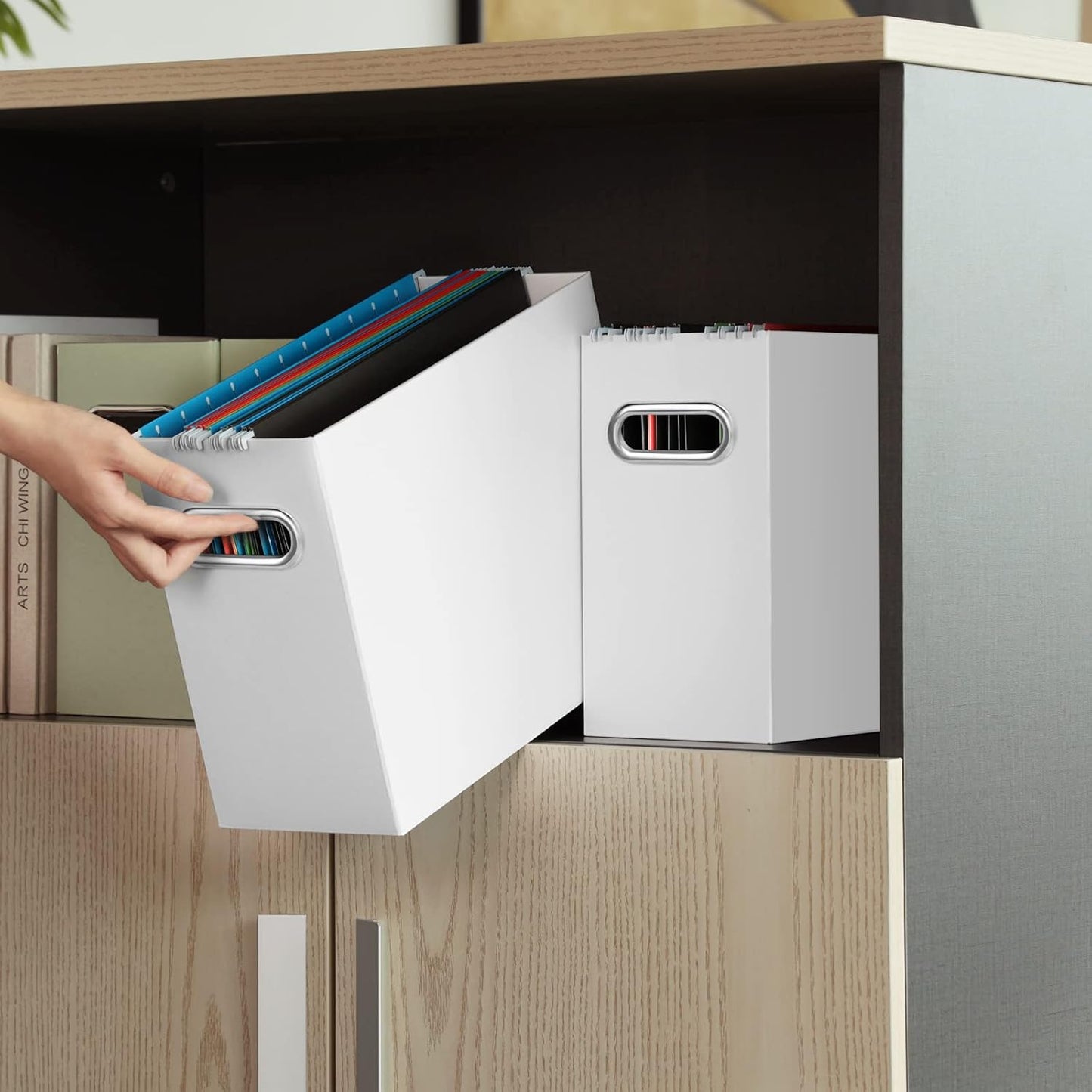 Oterri File Organizer, 4 Packs Small Storage Box, Cardboard File Folder Organizer, Collapsible File Box for Hanging File Folders Letter Size, Portable Filing Organizer with Handle（White）