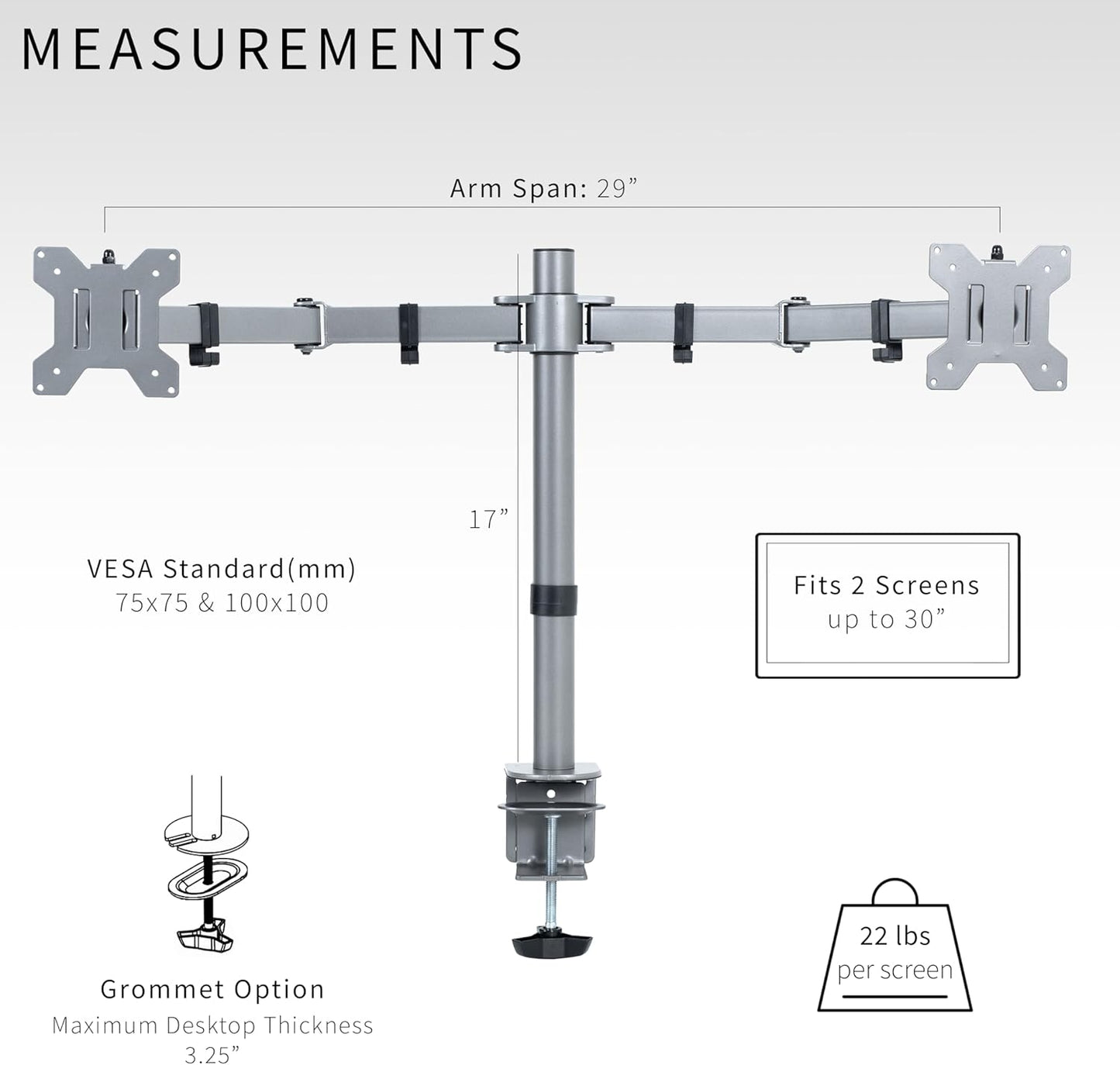 VIVO Dual Monitor Desk Mount, Heavy Duty Fully Adjustable Steel Stand, Holds 2 Computer Screens up to 30 inches and Max 22lbs Each, Gray Color, STAND-V002-GY