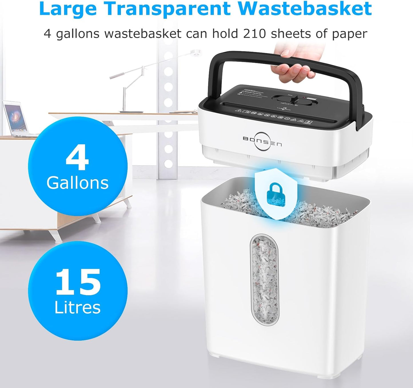 BONSEN Shredders for Home Office, 8-Sheet Cross Cut Credit Card Shredder, Small Paper Shredder for Home Use with 4 Gal Bin, P-4 High Security Level, White (S3101-W)