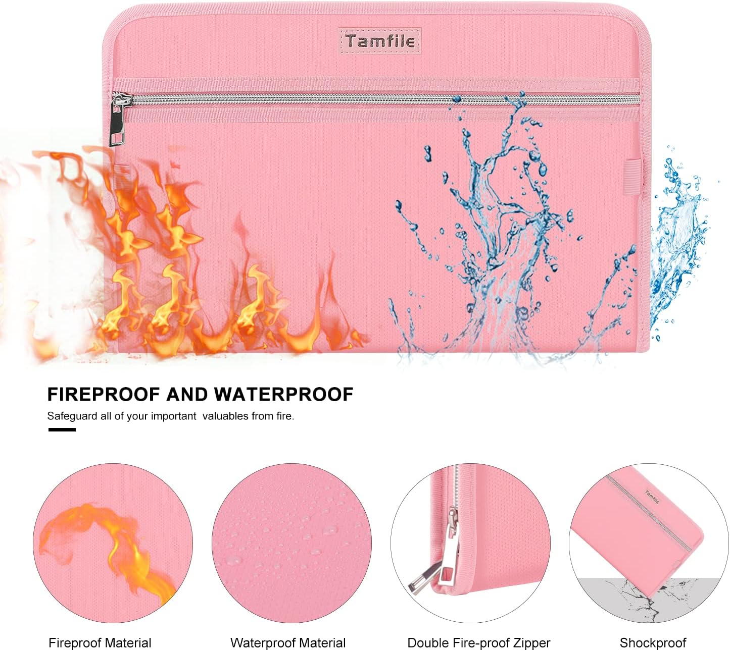 Fireproof Safe Accordion File Organizer Bag Folder,Waterproof Expanding Filing Folder with 14 Pockets, A4 Letter Size, Document Organizer Holder and Color Labels /2 Zipper (Pink 14.3" x 9.8")