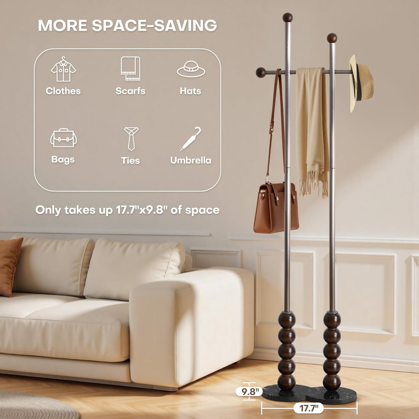 Metal Freestanding Coat Rack with Stainless Steel Double Rods & Marble Base, Hanging Clothes Rack for Entryway, Hallway, Bedroom, Living Room, Steel and Wood