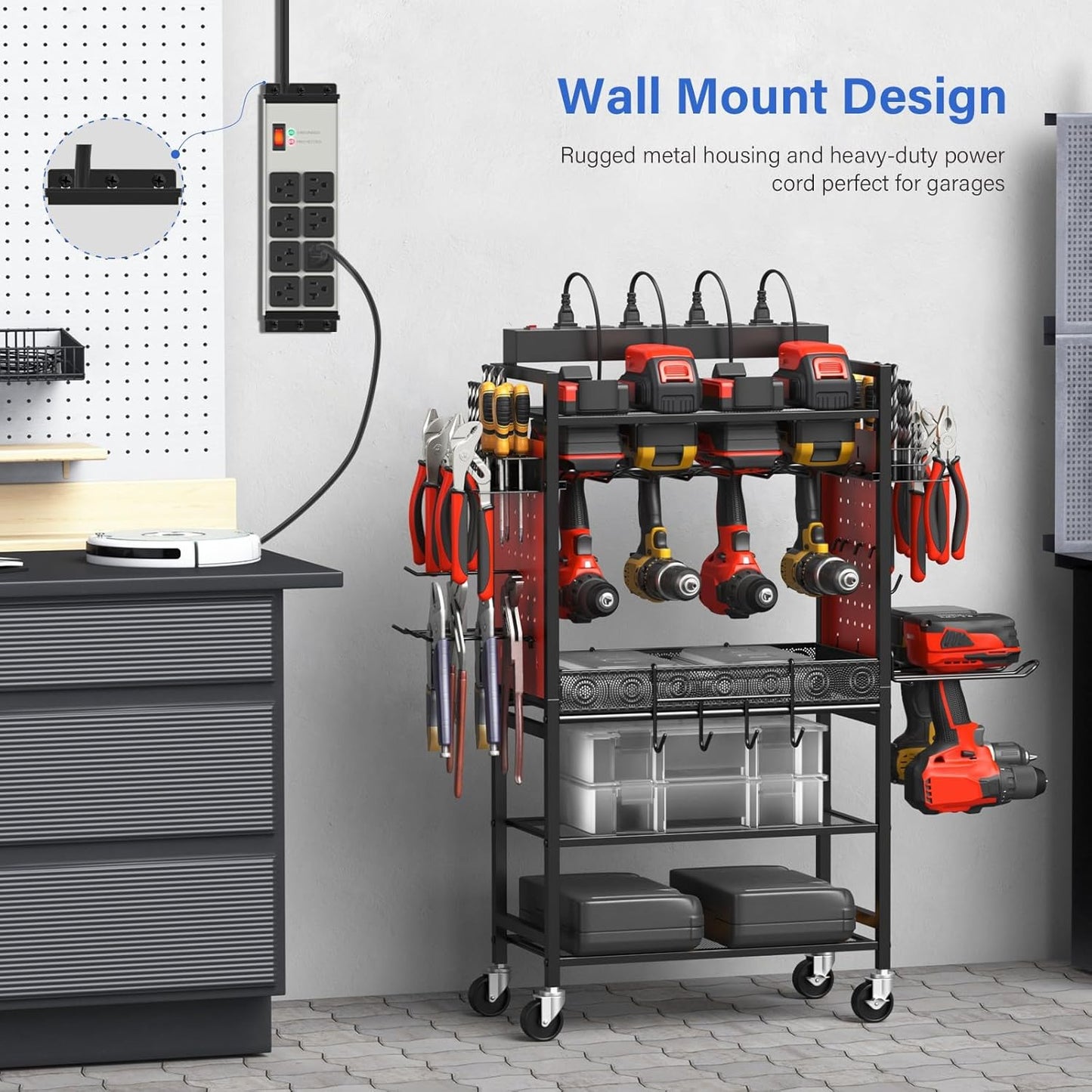 CCCEI Magnetic Heavy Duty Power Strip Surge Protector 20Amp, 12 Gauge High Amp Extension Outlets, Garage Wall Mount 8 Plug Metal Power Strip. 15FT, Grey, 5-15P Adapter 6-20R T-Slot 20a for Appliance