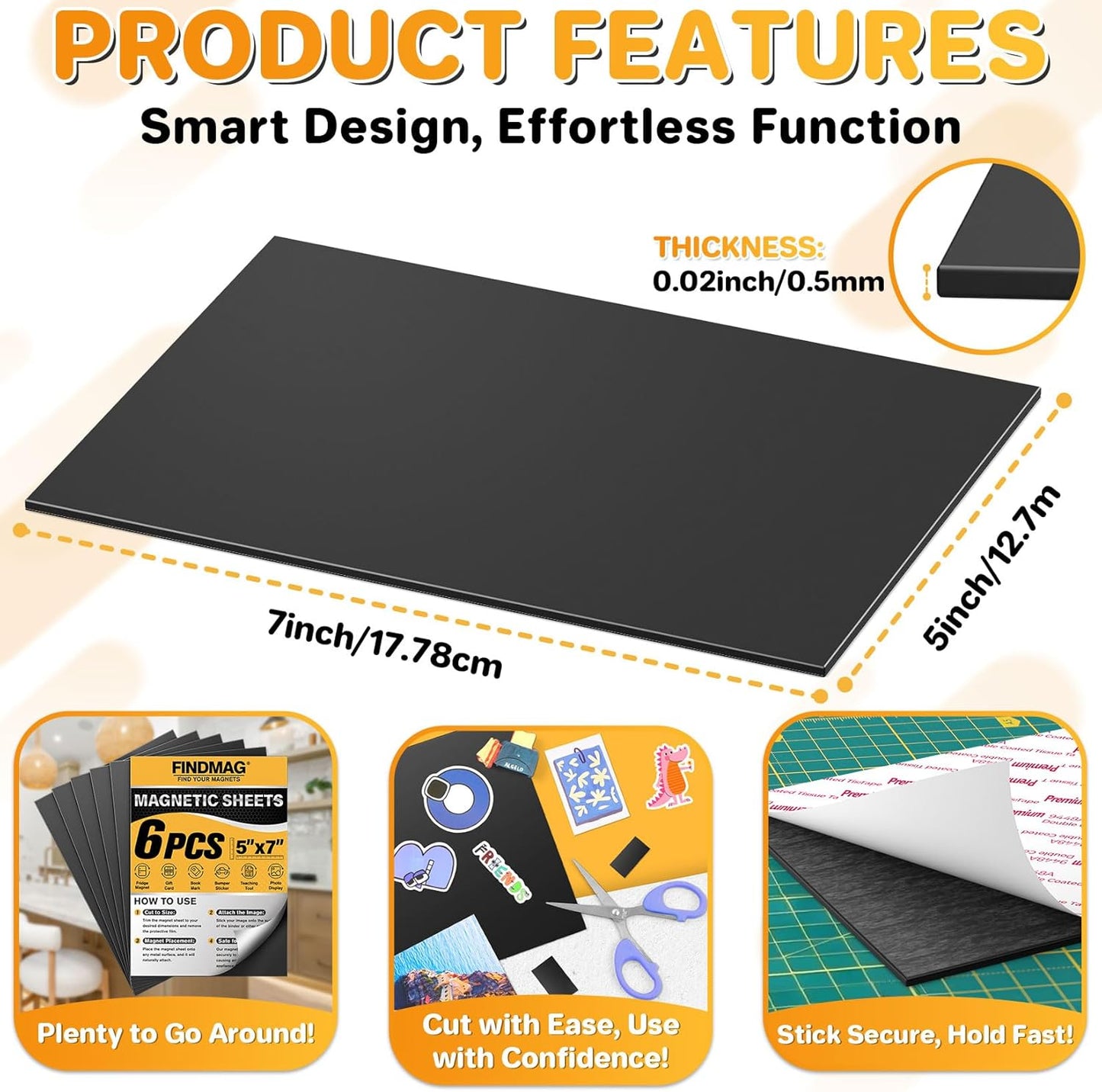 FINDMAG Magnetic Adhesive Sheets, 6 Pack Each 5" x 7" Flexible Magnet Strips with Self Adhesive Backing, Cut and Customize Sheets Magnet for Picture, Photo, Craft, DIY and Stickers