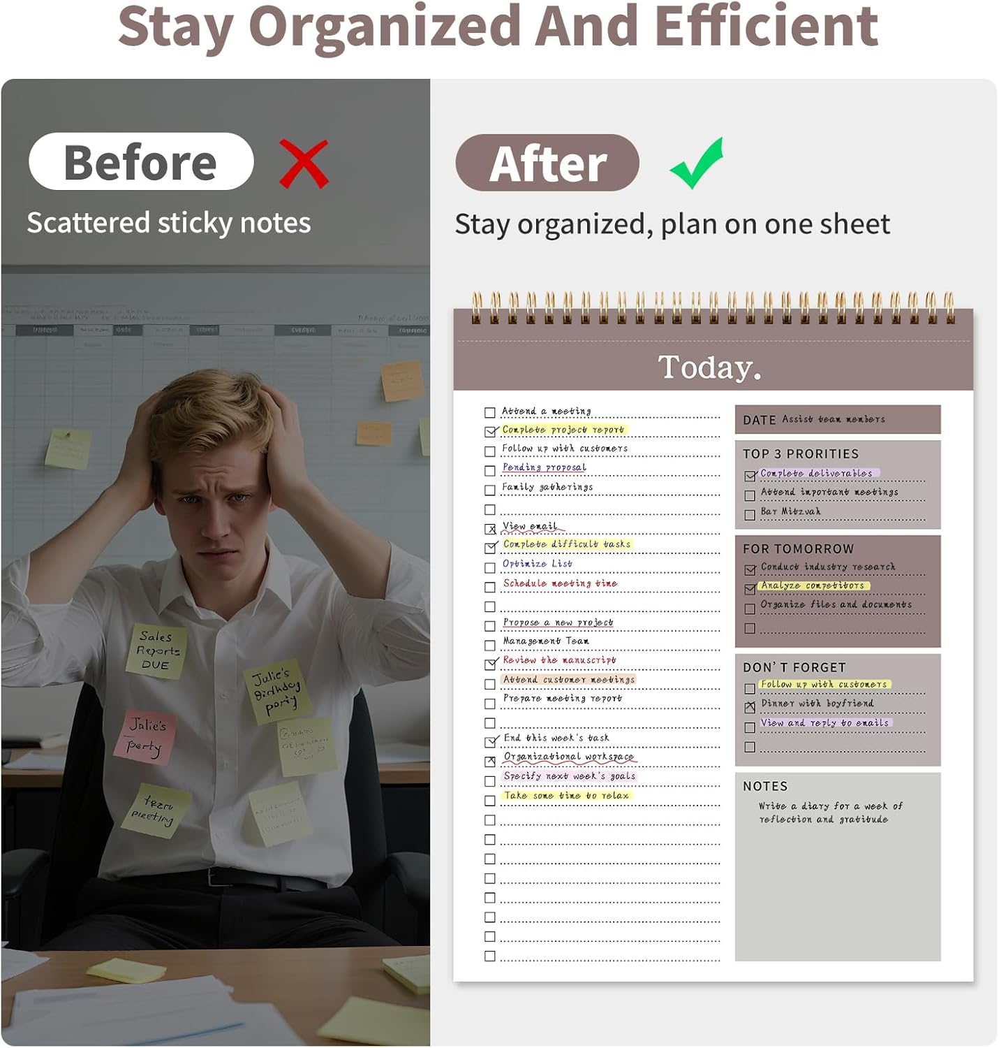 To Do List Notepad, 52 Undated Sheets （8.5"×11"）Duplex-printed Daily Planner For Work Home School Office Desk Accessories Supplies & Goal Setting Tasks- Brown