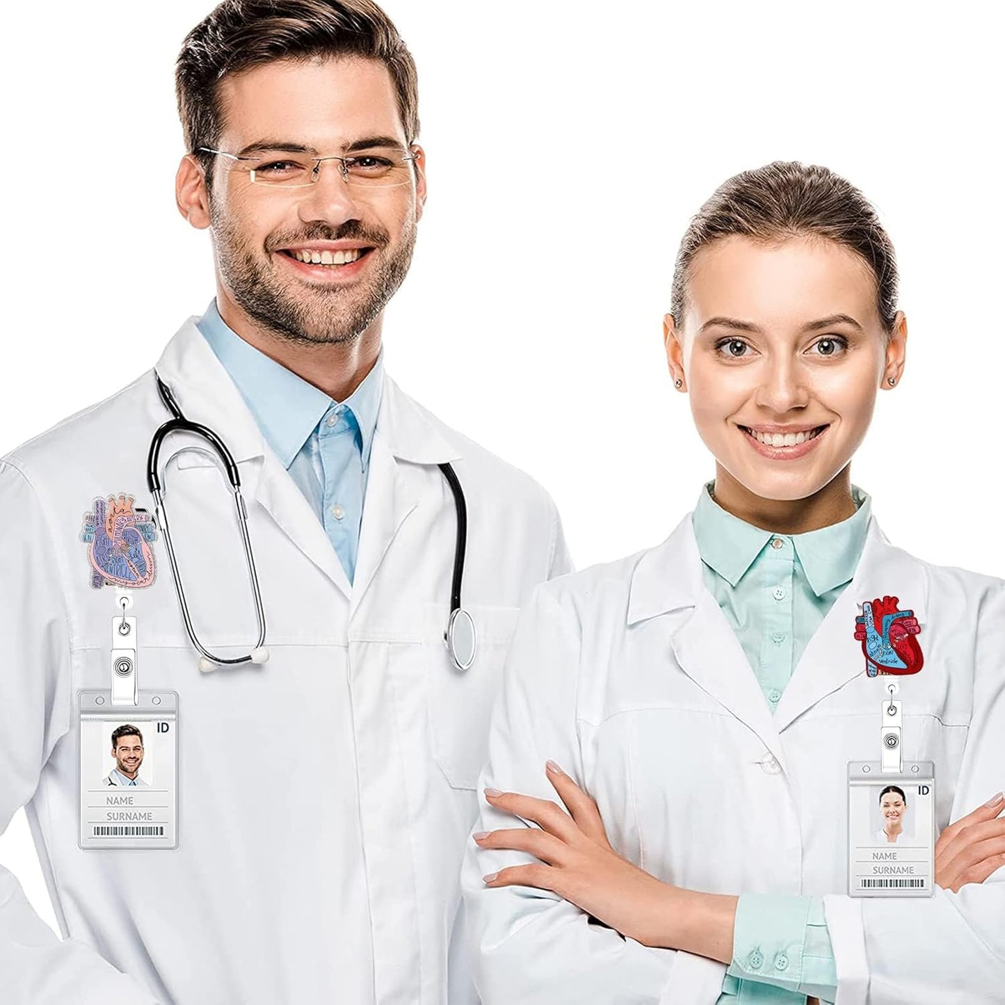 2Pcs Cardiac Badge Holder Heart Retractable Reel ID Card Funny Clip Anatomy Nurse Name Tag Holder Pediatrics Nursing Badge Clips for Medical Assistant Doctor Student Teacher Office Clinic