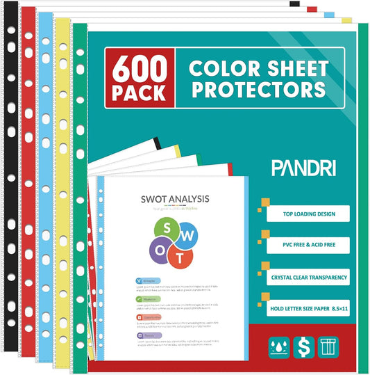 Sheet Protectors, PANDRI 600 Pack Color Heavy Duty Plastic Page Protectors Sheet Reinforced 11-Hole Fit for 3 Ring Binder Fits Standard 8.5 x 11 Paper, 9.25 x 11.25 Top Loaded, Excluding Acid