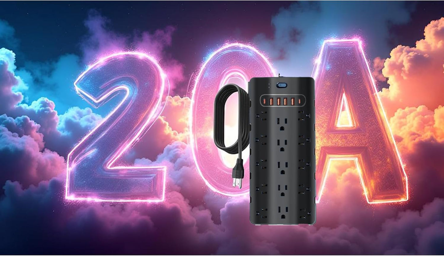 20 Amp Power Strip Surge Protector,Heavy Duty 12 Gauge 6.5 ft Extension Cord,25 AC Outlets,6 Fast USB Ports,4000 Joules,2500W/125V,Office Workshop Household Garage Black,Insurance Coverage.