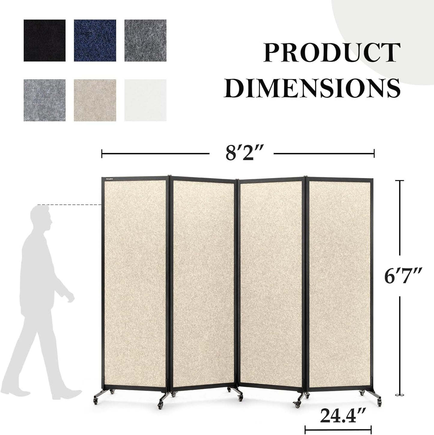 Upgrade Version Room Partition and Divider, Freestanding Rolling Dividers with Wheels,Office Privacy Screen Divider Wall,Classroom Felt Dividers,8'2"L* 6'7"H,4 Panel，Beige