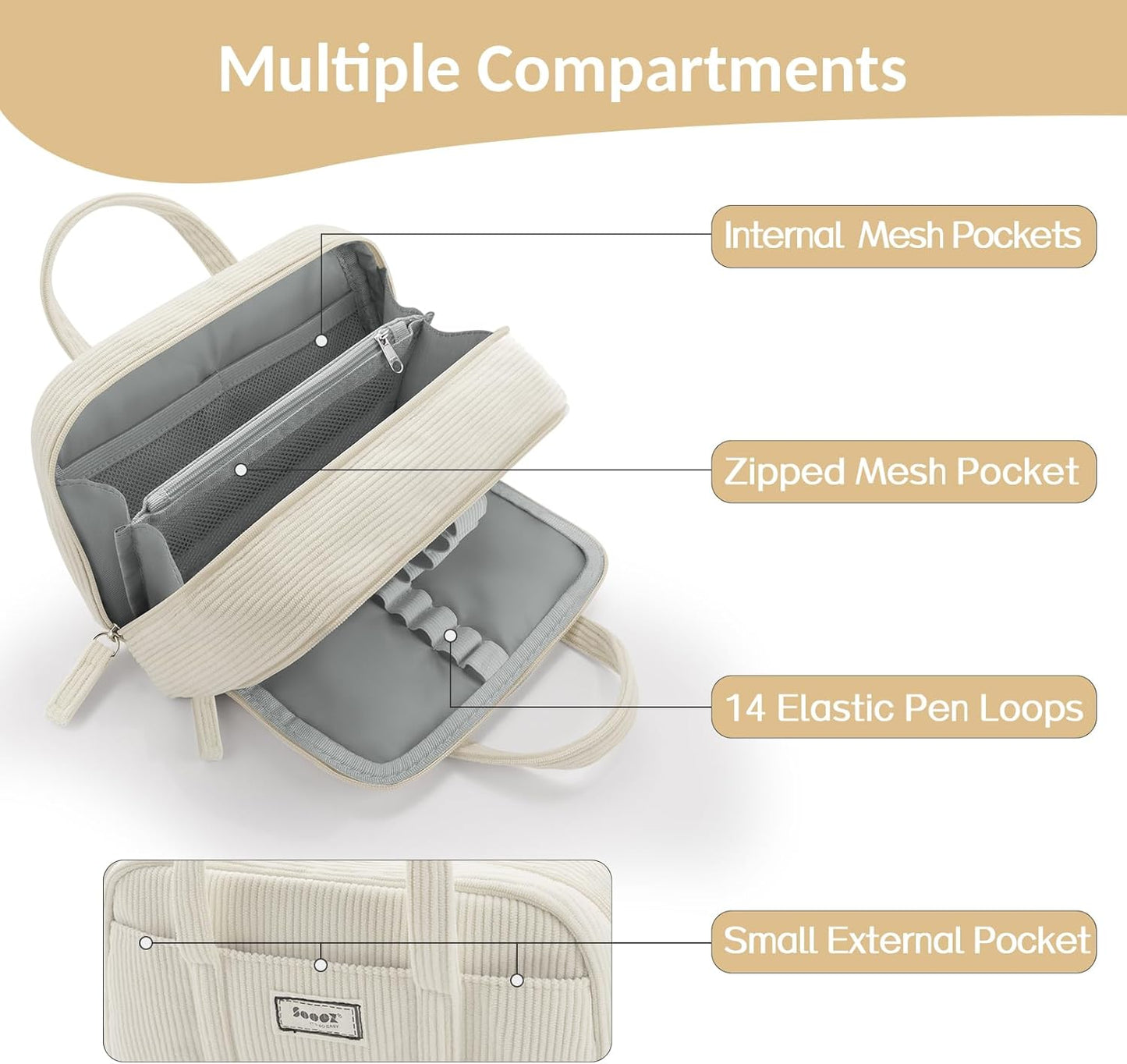 Sooez Large Pencil Case Pouch, Extra Big Pencil Bag with 5 Compartments, Pen Bag Wide Opening, Soft Corduroy Pencil Pouch Organizer with Zipper, Cute Aesthetic School Supplies for Teen Girls-Black