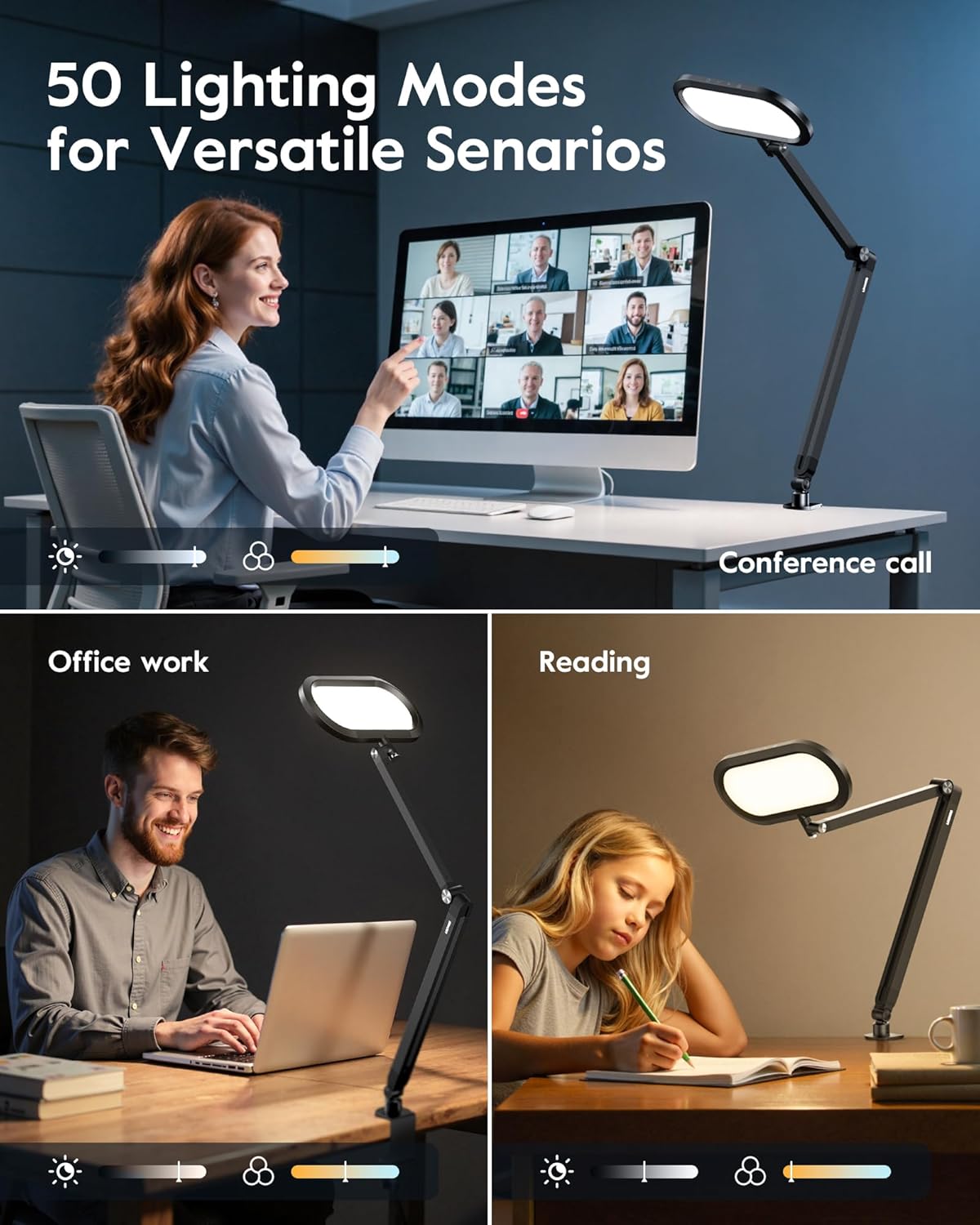 Desk Lamp for Home Office, Eye-Care Dual-Sided Seamless Dimmable LED Desk Light with Knob Remote, Adjustable Arm Clamp Computer Lighting for Video Conference Recording, Zoom Call, Task, Stream