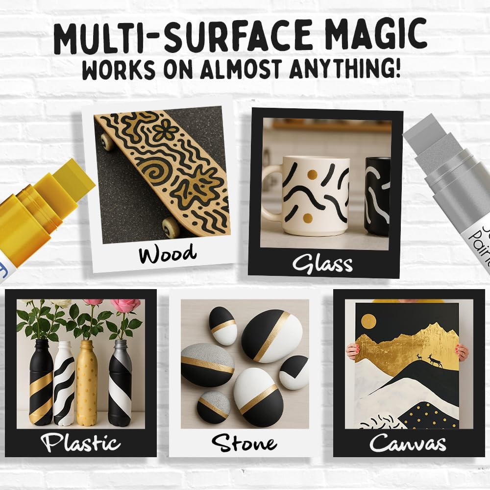 4 Jumbo Poster Markers (15mm, White, Black, Gold & Silver) | Fat Acrylic Paint Markers for Wood, Glass, Metal, Walls, Fabric - Large Thick Permanent Paint Pens for Signs, Board, Teachers