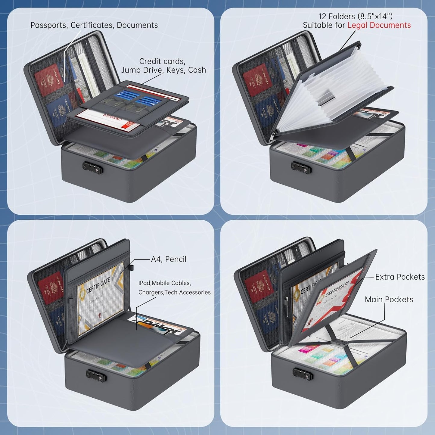 5200℉ Fireproof Document Bag, Insulated Document Box with Lock, Important Document Organizer with Waterproof Zipper, Portable Soft Home Travel Office Safe Storage with 13 Accordion File Folder,Gray