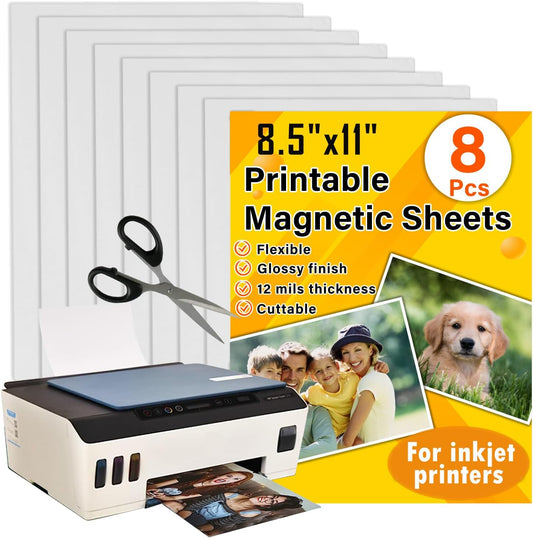 Printable Magnetic Sheets 8.5x11 Inches for Inkjet Printers, 8 Sheets Glossy Print Paper Non-Adhesive Backing, 12mil Thickness DIY Flexible Magnet Photos