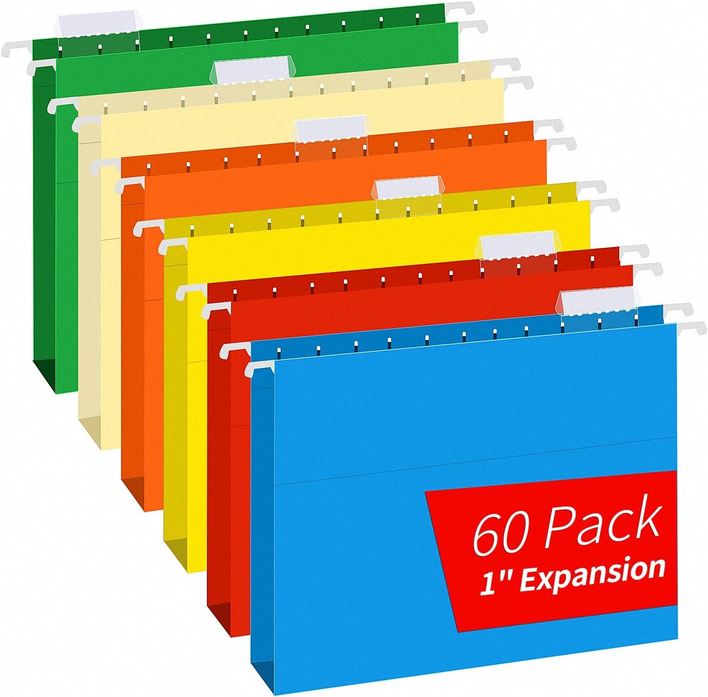 Extra Capacity Hanging File Folders, RAZCC 60 Pack Letter Size Reinforced Hanging Folders with Heavy Duty 1 Inch Expansion for Bulky Files, Filing Cabinet, Adjustable Tabs, Assorted Colors