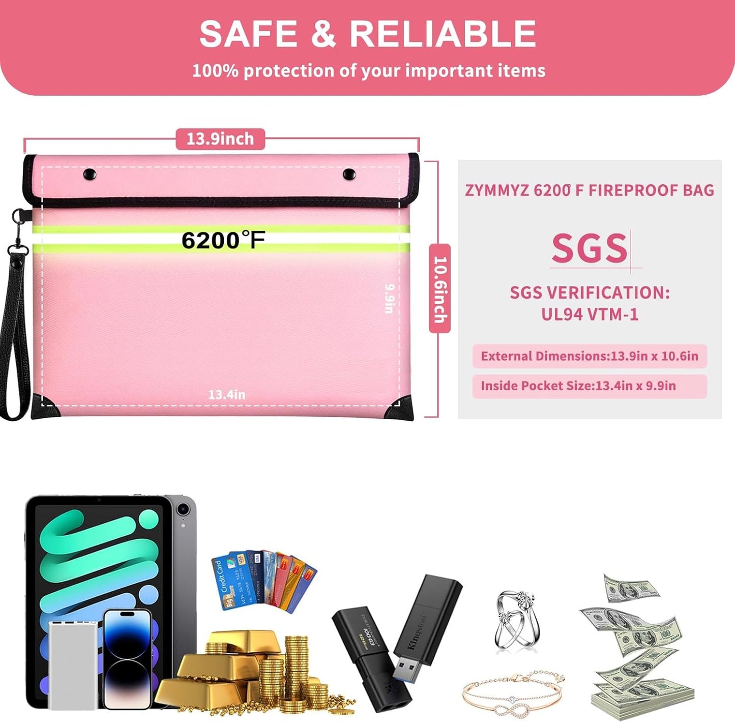 6200℉ Insulated Fire Proof Money Bag for Cash,Fireproof Waterproof Document Pouches with Double-Sided Reflective Strip,Money Envelopes for Cash,Valuables,Jewelry