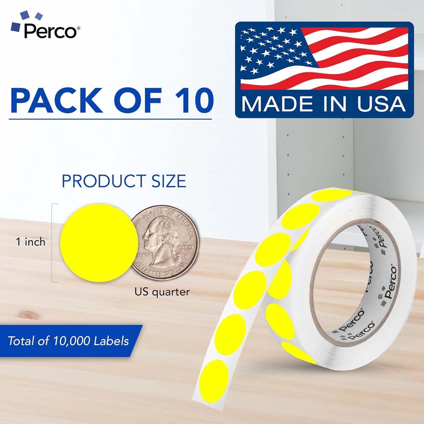 Perco Fluorescent Yellow 1-Inch Perforated Circle Dot Sticker Labels—10 Rolls, 10,000 Round Stickers — with Permanent Adhesive for Inventory Management, Color Coding, Garage Sales, Crafts—Made in USA