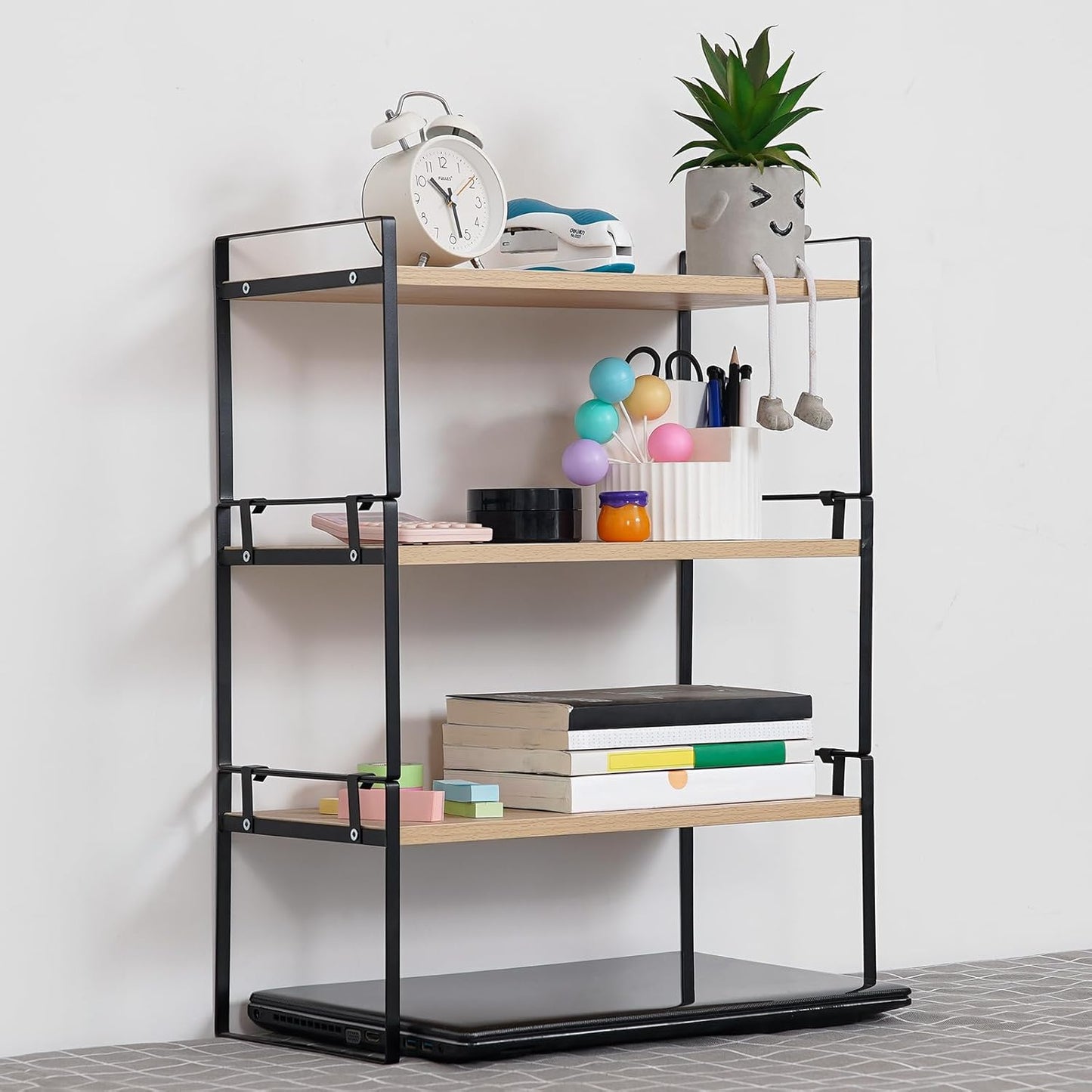 YGYQZ Wood Office Desk Shelf Organizer - Desktop Supplies Cute Dresser Top Organization Storage Rack and Cubicle Decor Aesthetic Bookshelf for Women Man and Kids (Black Wood-Three Tier)