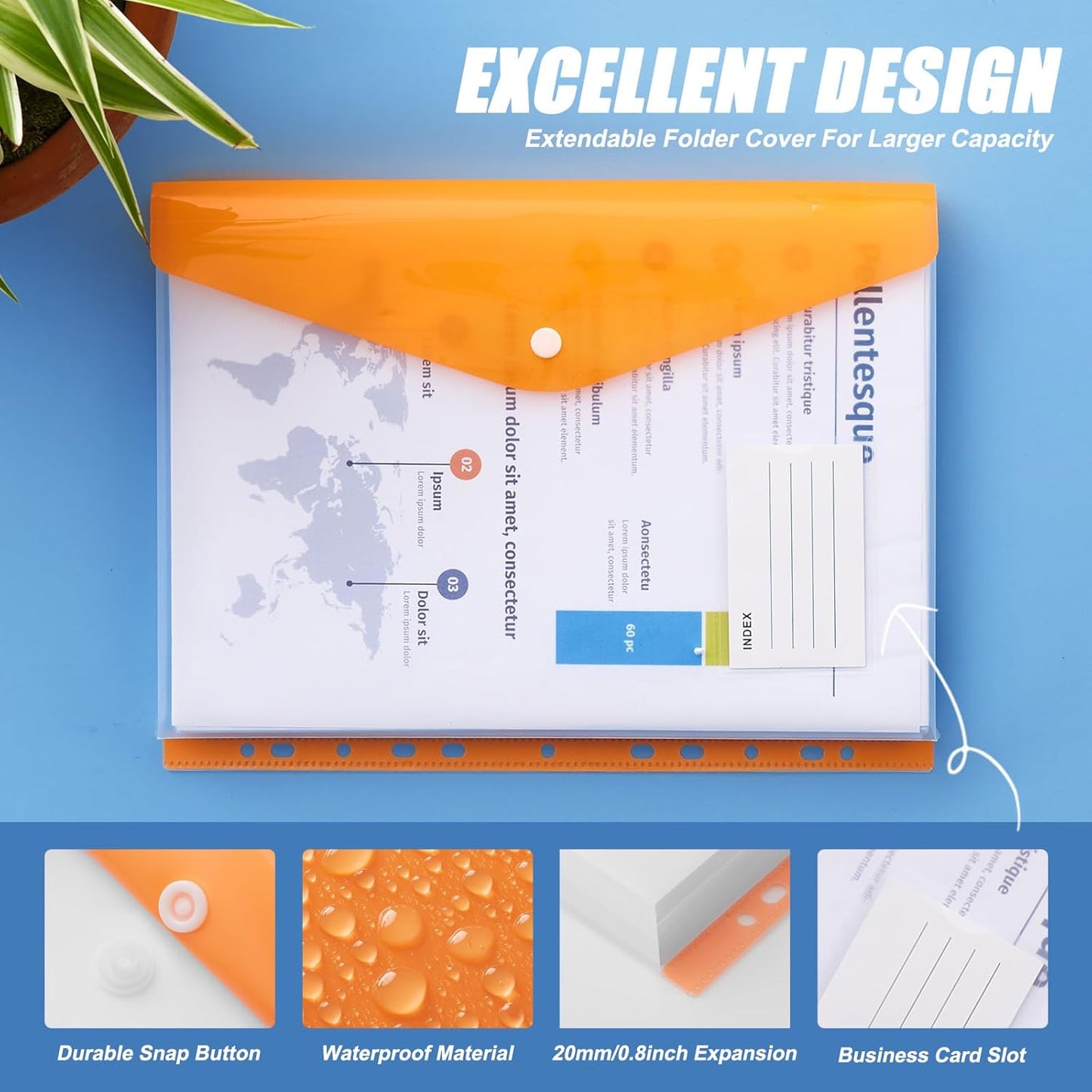 Binder Pocket Organizer Folders, 12 Pack Expandable Files Bag Plastic Envelopes Binder Folders with 11 Holes for 2/3/4 Ring Binder, Document Pouch with Snap Button and Label for School Office Home