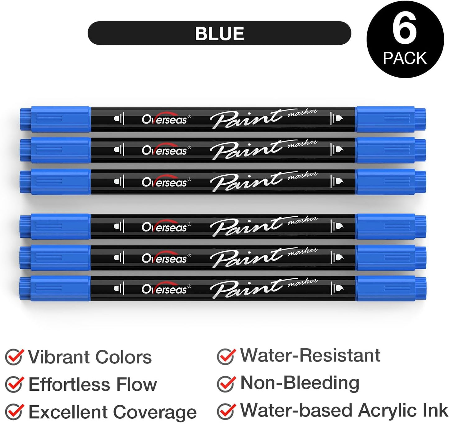 Overseas Blue Acrylic Paint Markers, 6 Pack Dual Tip Paint Pens Acrylic Markers - Dot and Brush Tip Coloring Marker for Wood, Rock, Canvas, Glass, Metal, Plastic, Rubber, Fabric, School Supplies