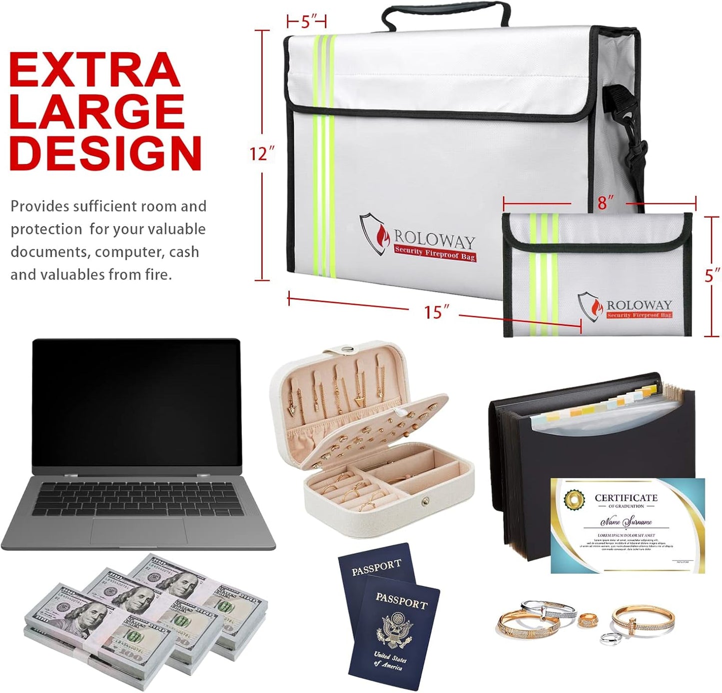 ROLOWAY Large (15 x 12 x 5 inches) Fireproof Bag with Reflective Strip, Water Resistant Fireproof Document Bag Safe for Money, Documents and Valuables Storage