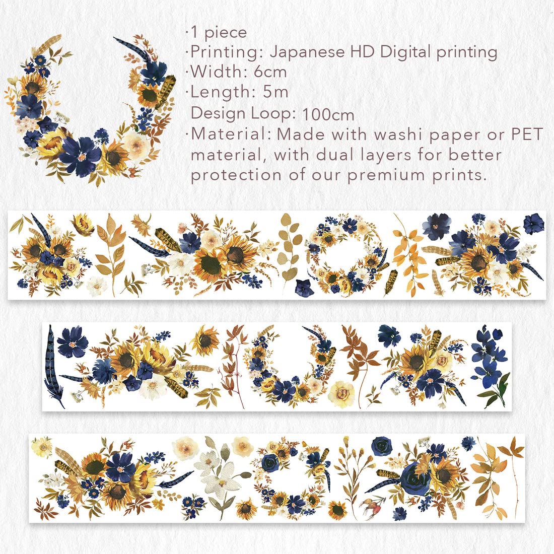 WT Sunflower & Navy Wide Washi Tape, 60mm Width, Single Roll, Floral Decorative Tape for Journaling, Planners, Bujo, DIY Crafts, Original Design Paper Tape