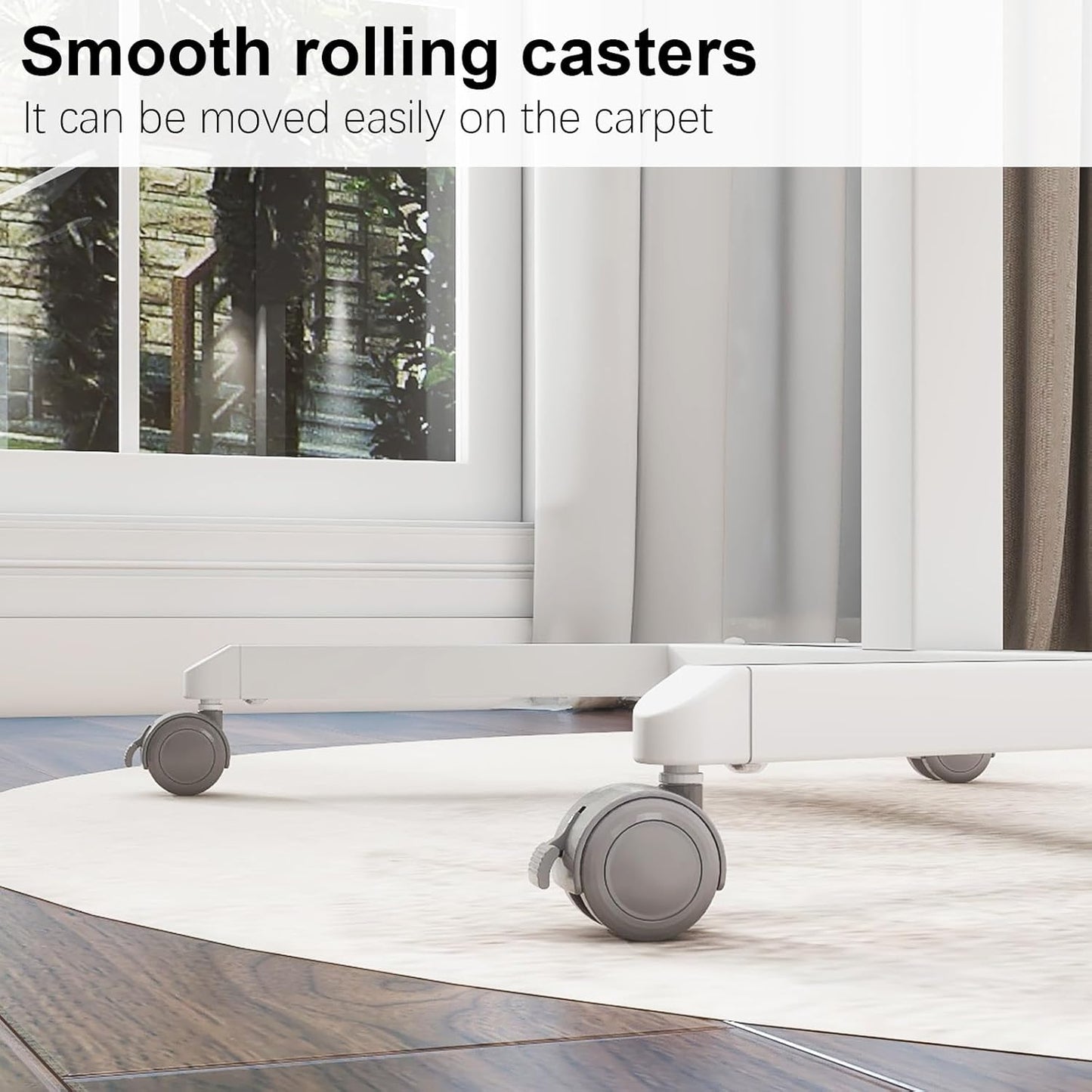 PUNCIA 90°Tiltable Small Standing Desk with Stoppers Mobile Rolling Laptop Table on Wheels Pneumatic Adjustable Height Computer Workstation Stand Up Cart Bedside Overbed Table for Home Office White